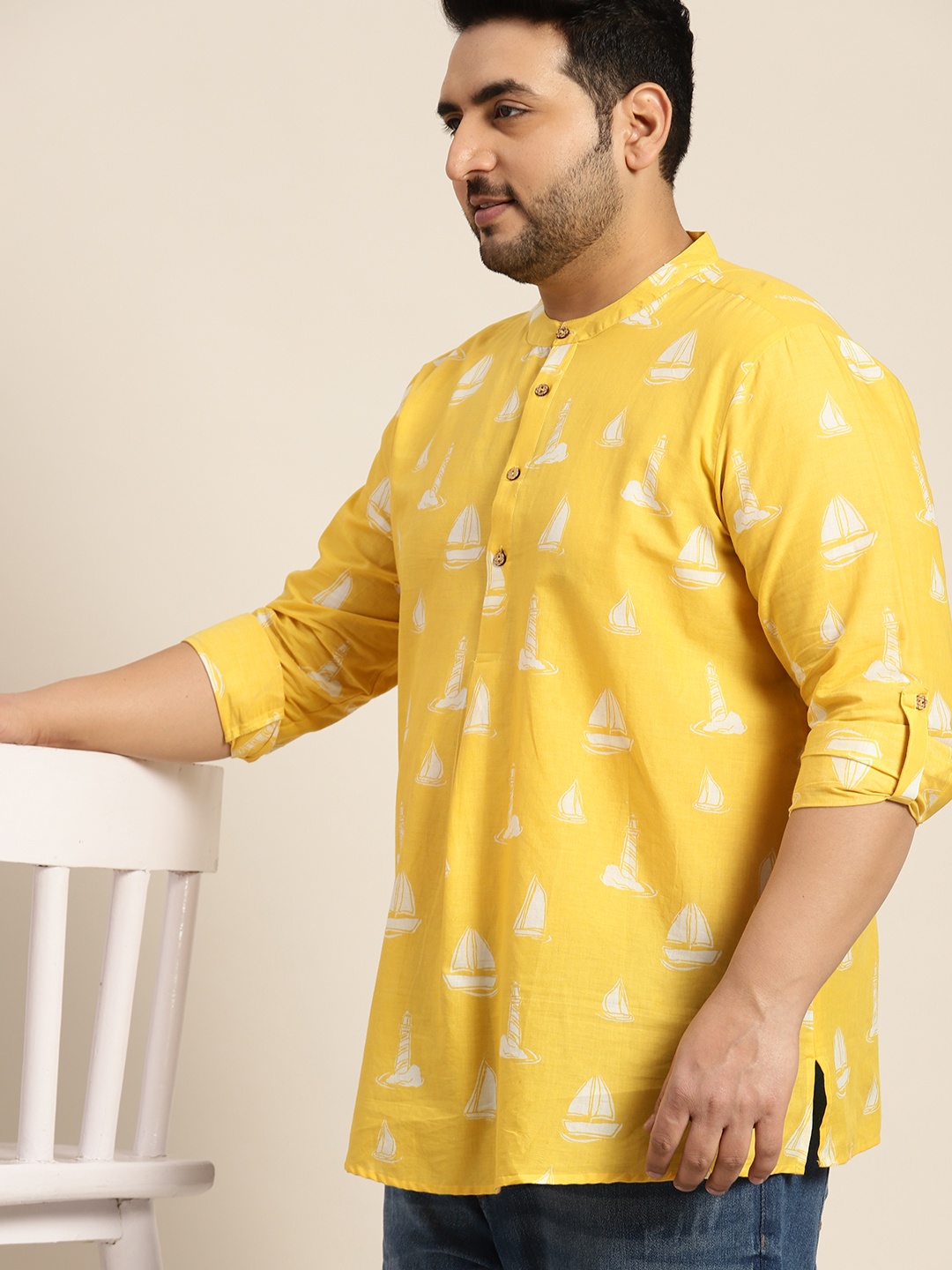 

Sztori Men Plus Size Quirky Printed Band Collar Roll-Up Cuffed Sleeves Pure Cotton Kurta, Yellow