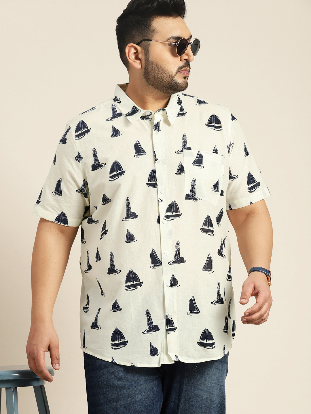 

Sztori Plus Size Conversational Printed Pure Cotton Casual Shirt, Off white