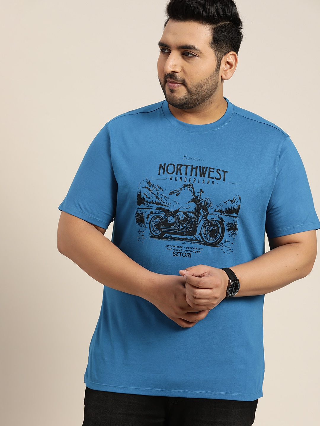 

Sztori Plus Size Blue & Black Typography Printed Pure Cotton T-shirt