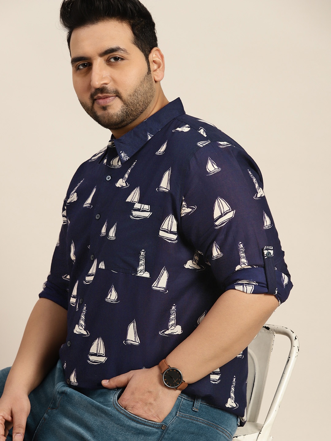 

Sztori Men Plus Size Nautical Printed Pure Cotton Casual Shirt, Navy blue