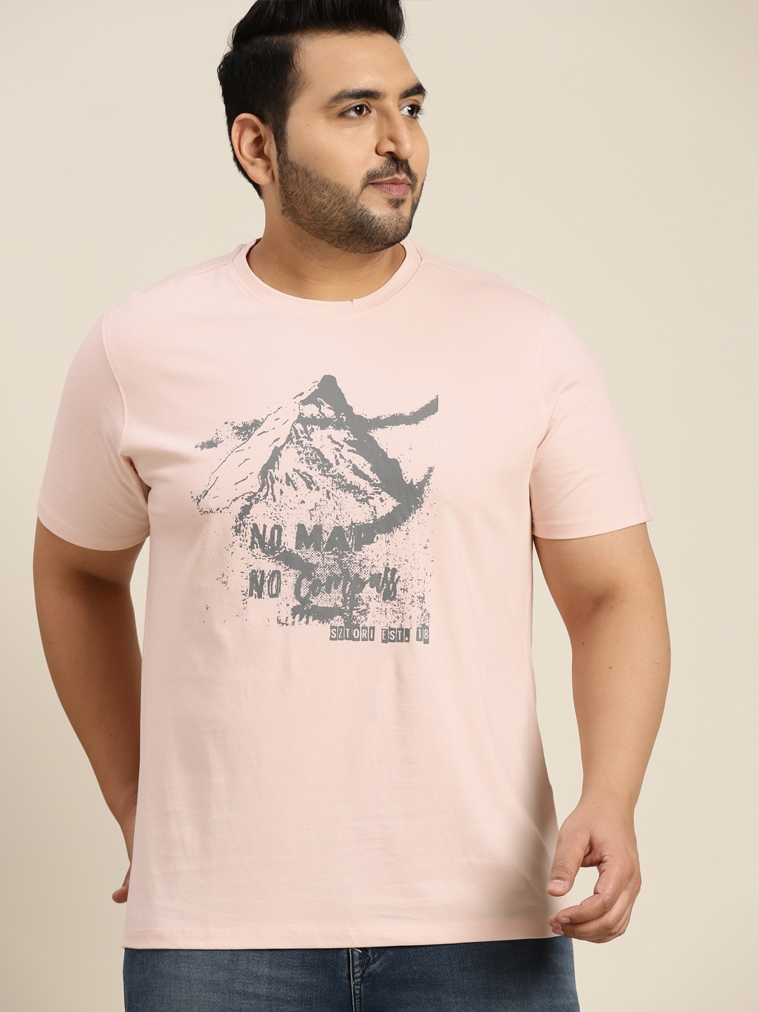 

Sztori Men Plus Size Pink & Grey Printed Pure Cotton T-shirt