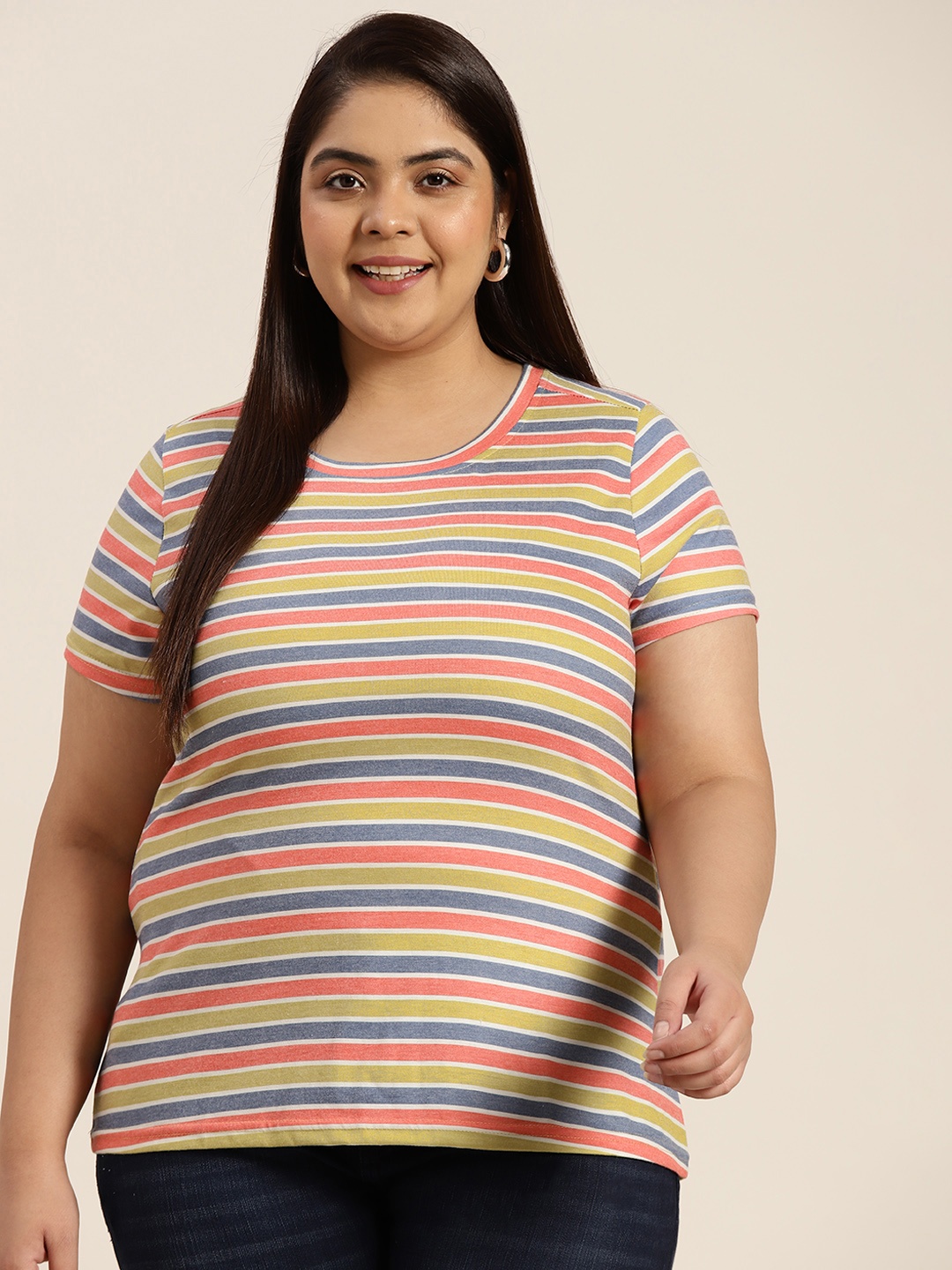 

Sztori Women Plus Size Olive Green & Pink Striped T-shirt