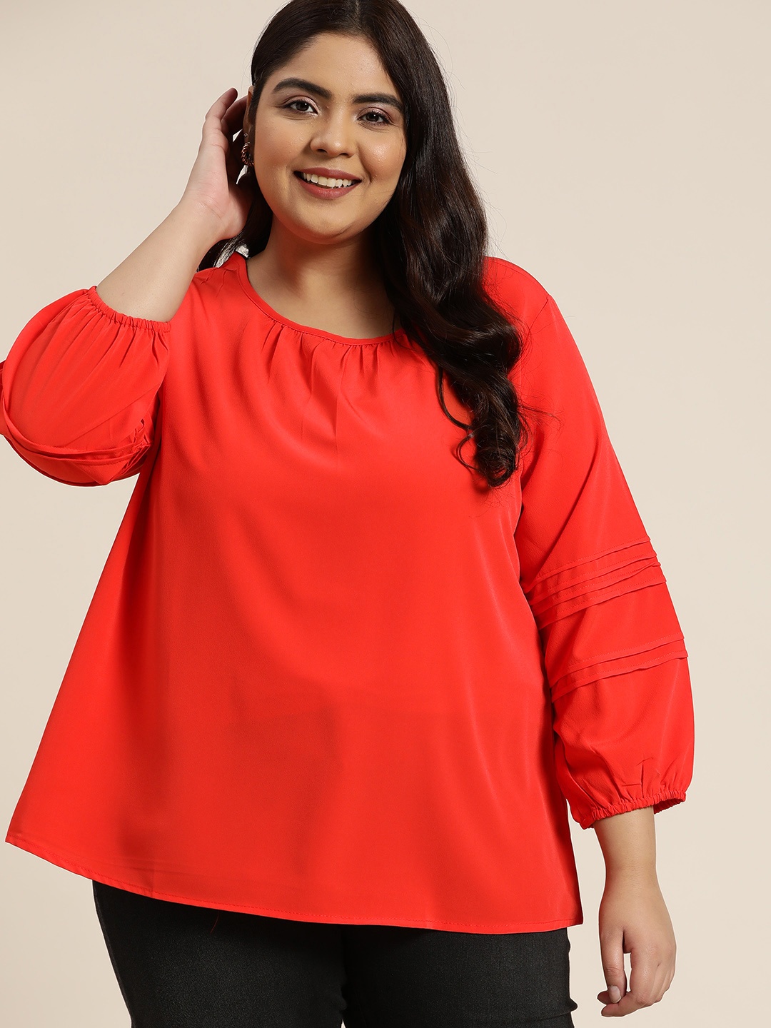 

Sztori Plus Size Orange Puff Sleeves Top