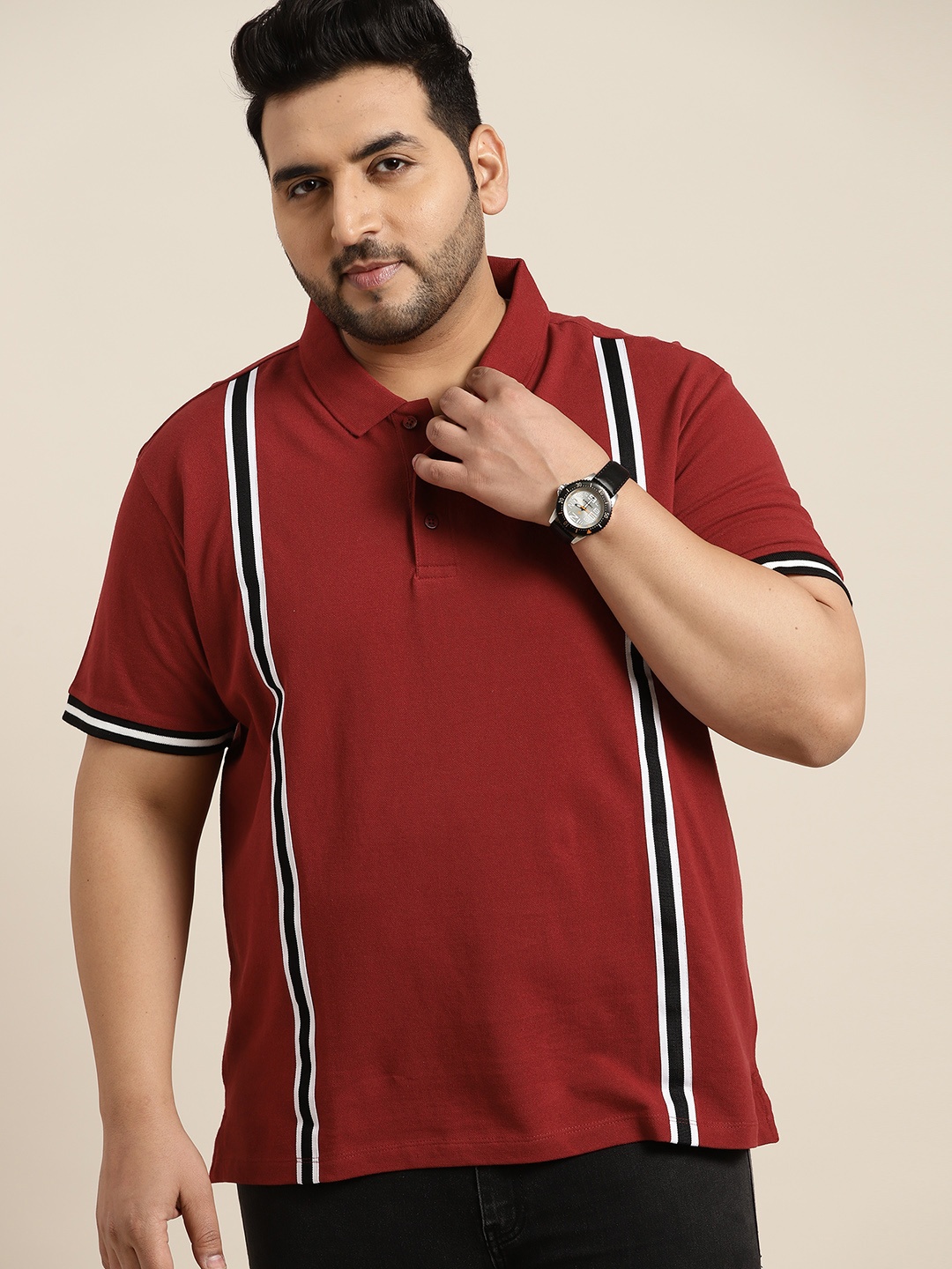 

Sztori Men Plus Size Men Maroon Pure Cotton Polo Collar T-shirt with Side Taping
