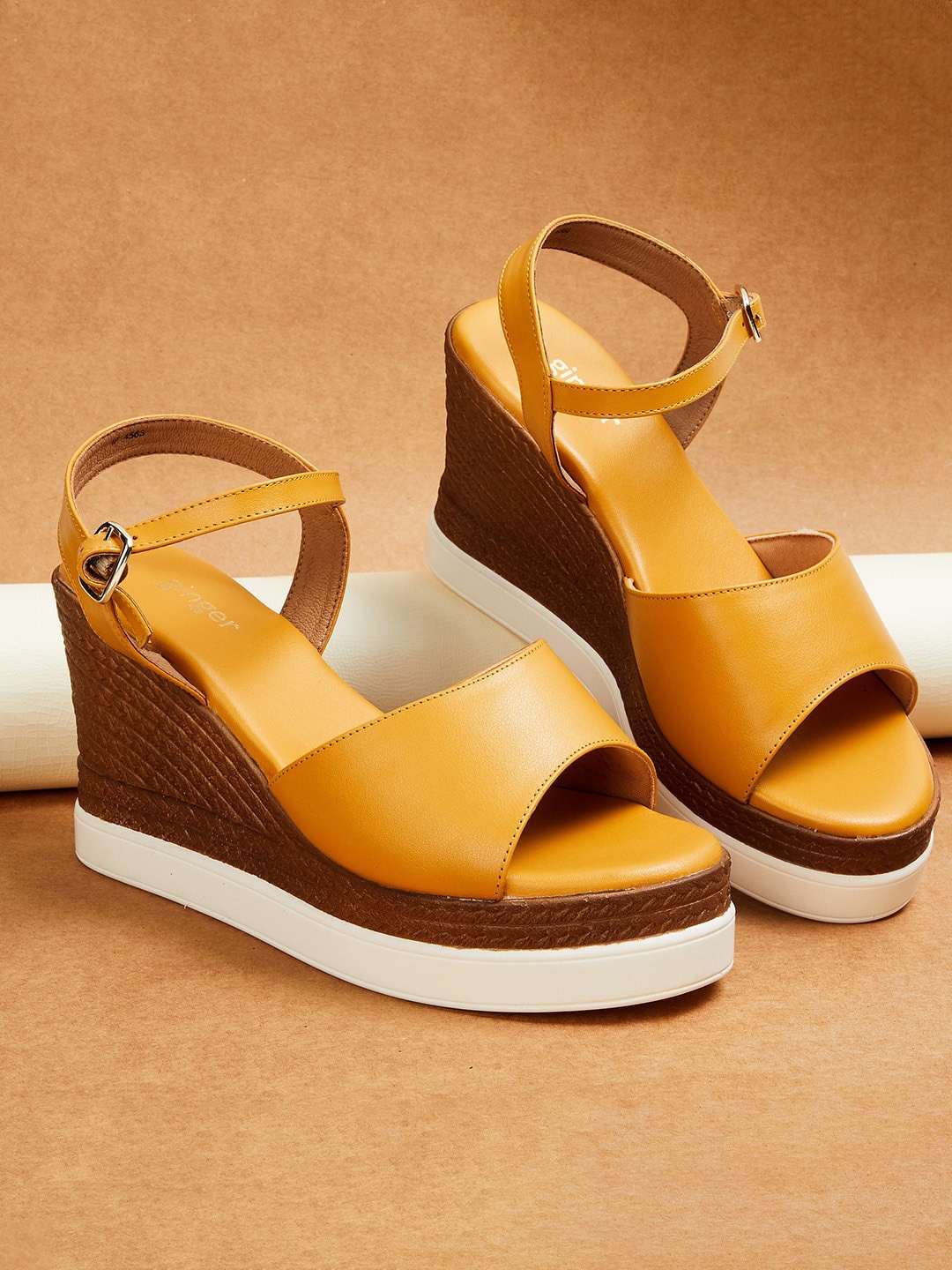 

Ginger by Lifestyle Mustard Wedge Peep Toes Heel with Buckles
