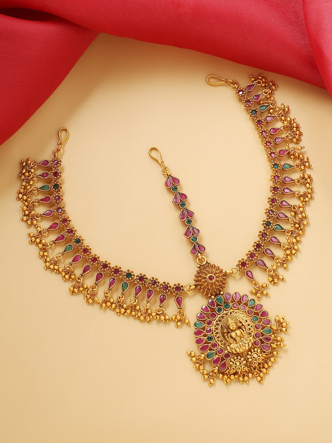 

VIRAASI Gold-Plated Pink & Green Stone-Studded Matha Patti