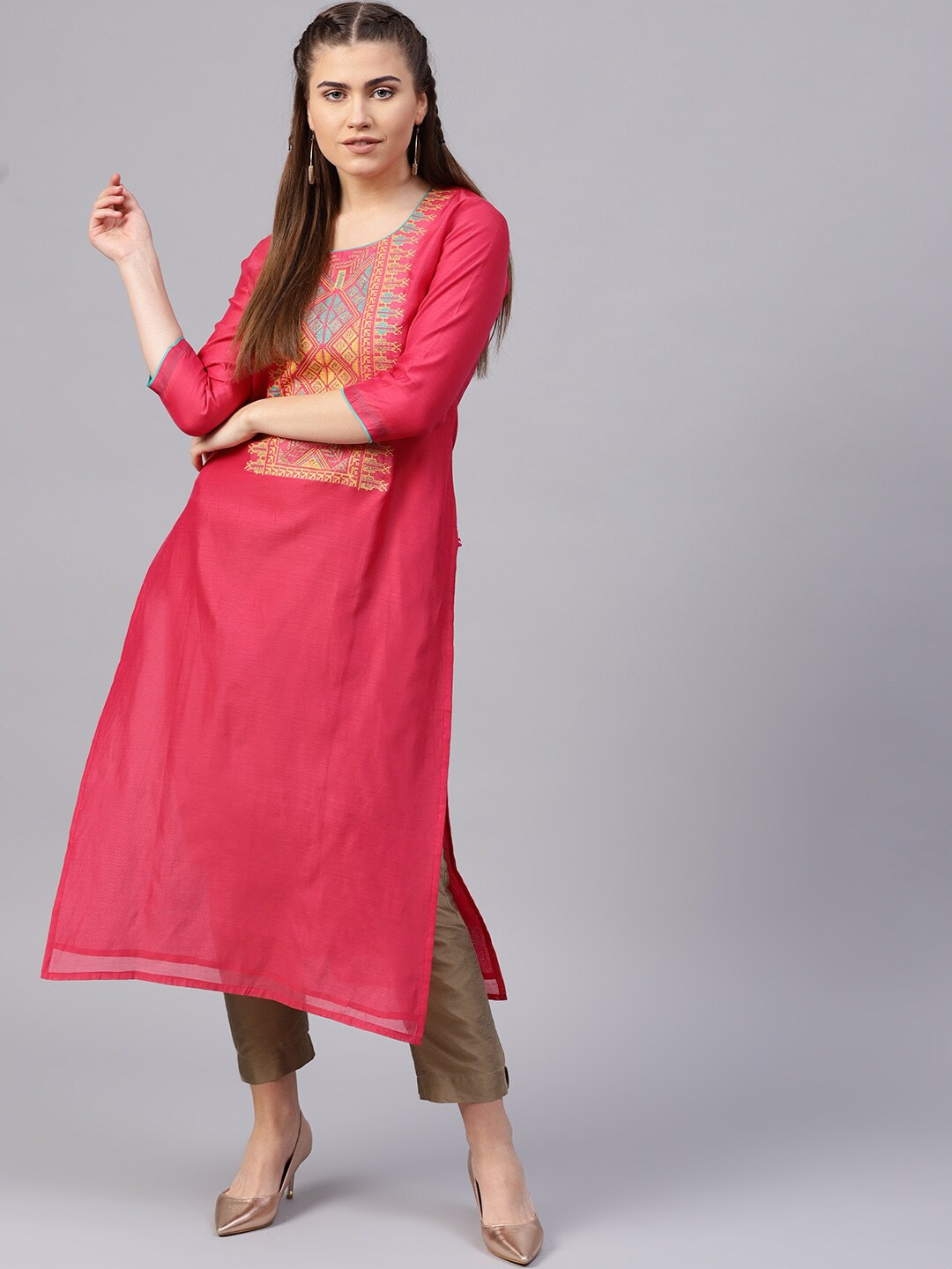 

Varanga Women Pink Yoke Design Gotta Patti Straight Kurta