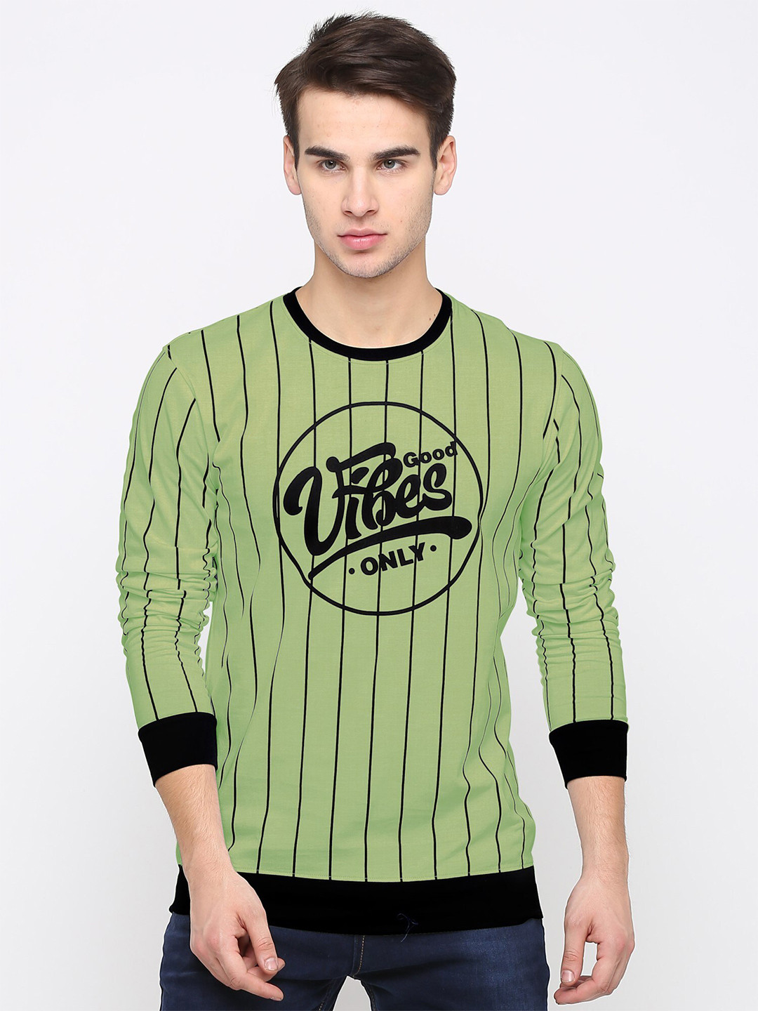 

Maniac Men Green & Black Striped Slim Cotton Fit T-shirt