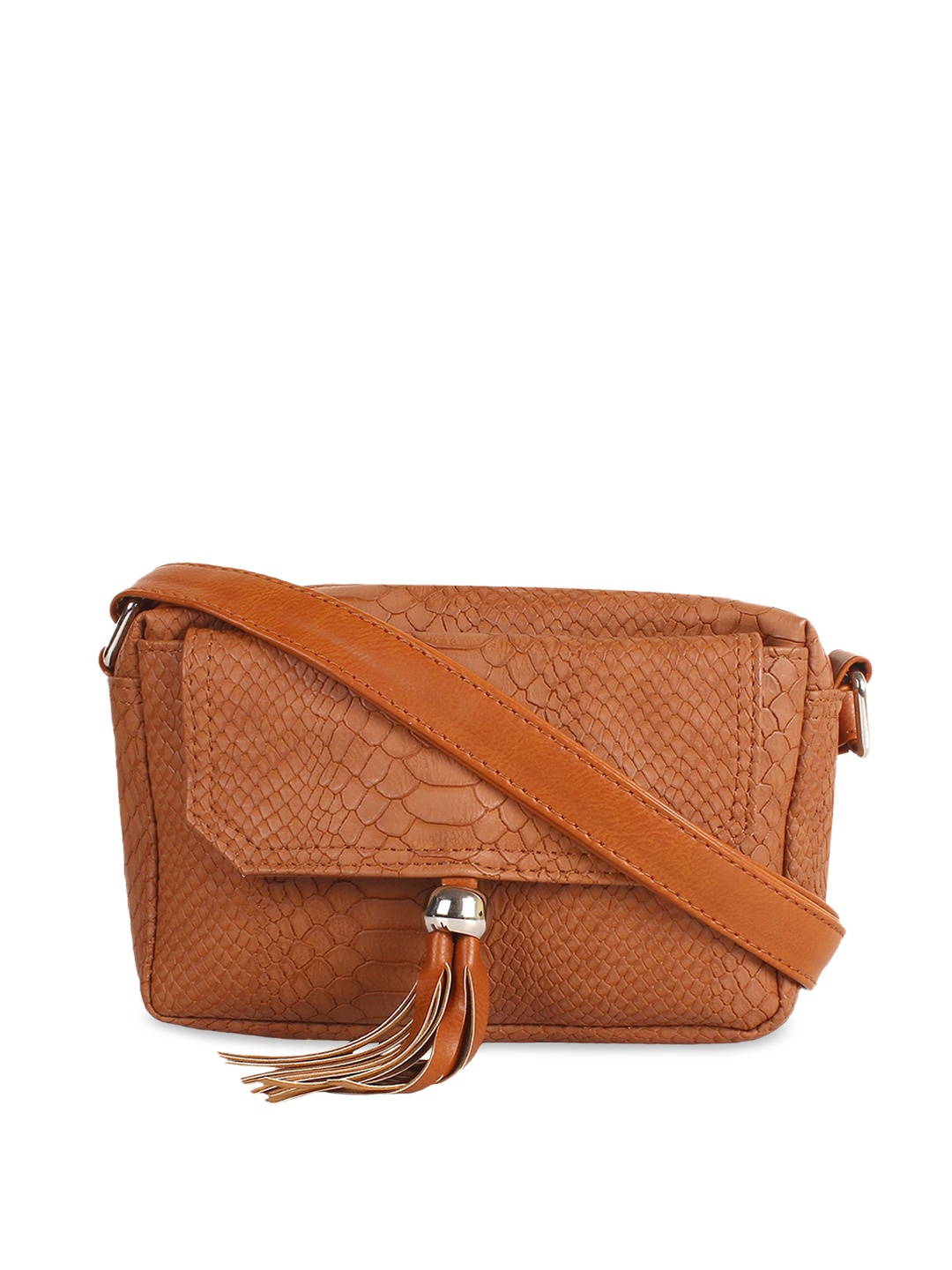 

Lychee bags Tan Animal Textured PU Structured Sling Bag with Tasselled