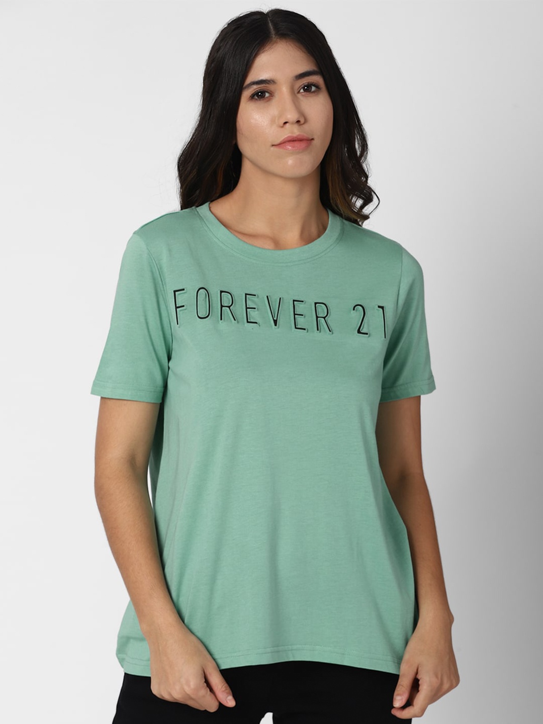 

FOREVER 21 Women Blue Brand Logo Print Cotton T-shirt, Green