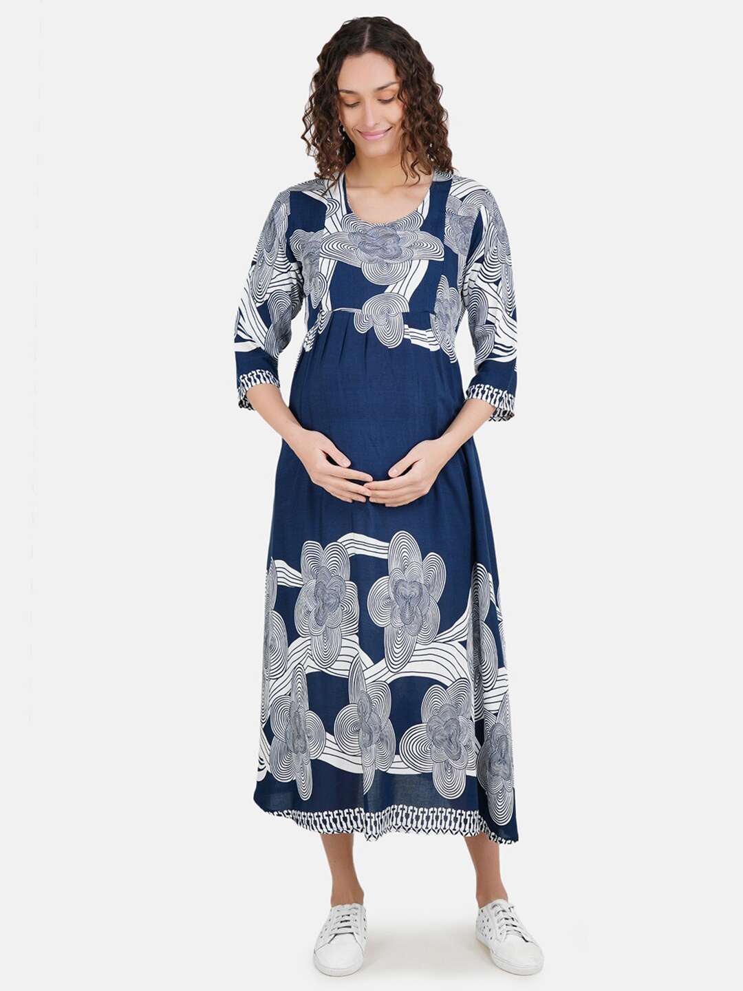 

KOI SLEEPWEAR Woman Navy Blue & White Abstract Print Maternity Midi Dress With Feeding Zip