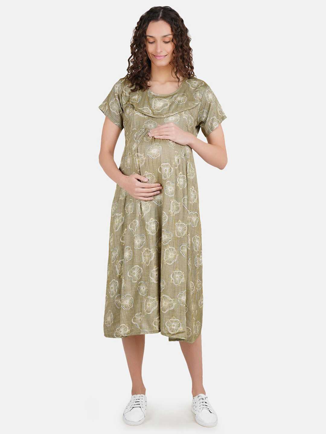 

KOI SLEEPWEAR Woman Brown & White Floral Maternity Midi Dress with Feeding Zip