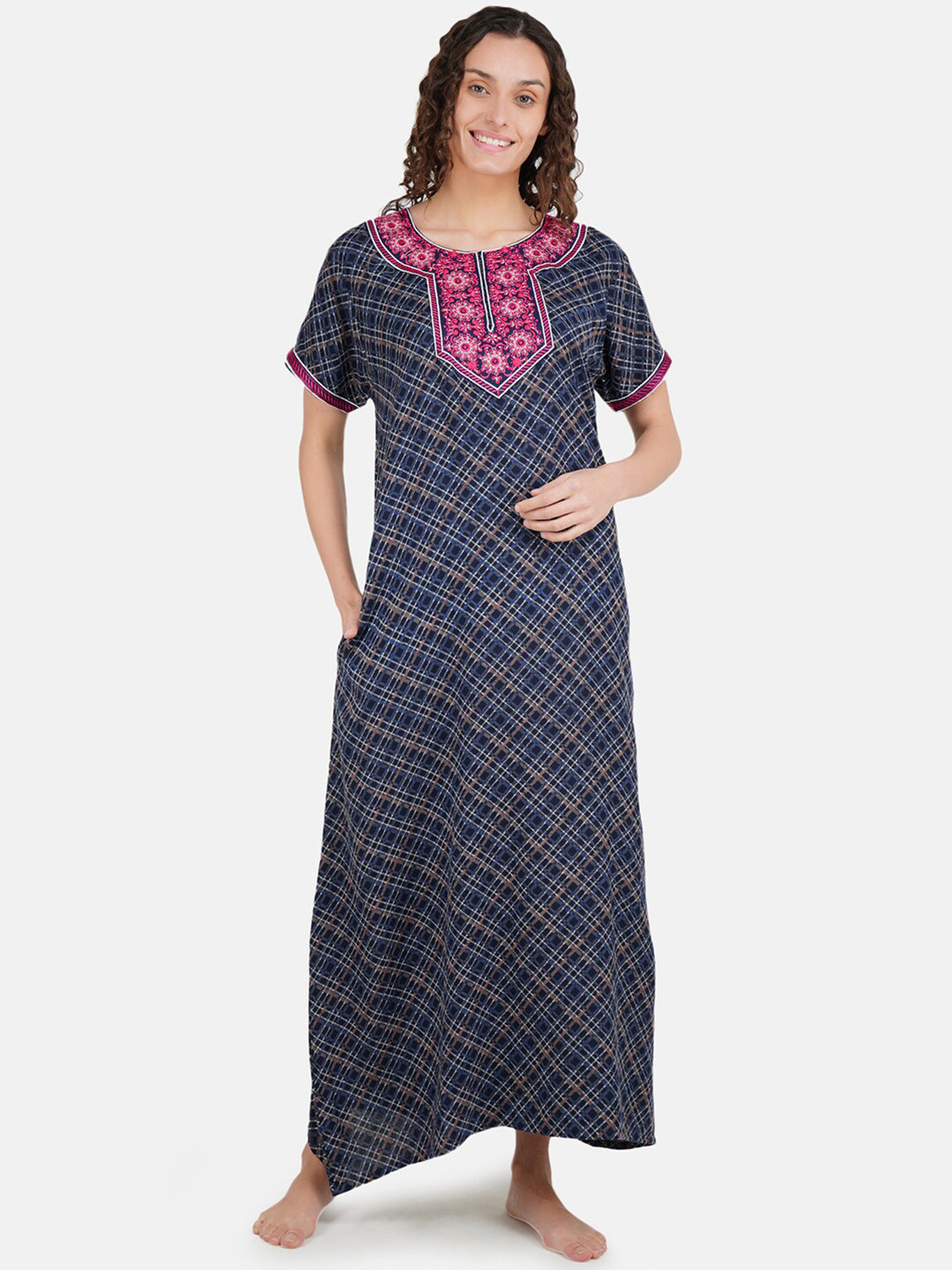 

KOI SLEEPWEAR Women Grey Checked Embroidered Cotton Blend Maxi Nightdress