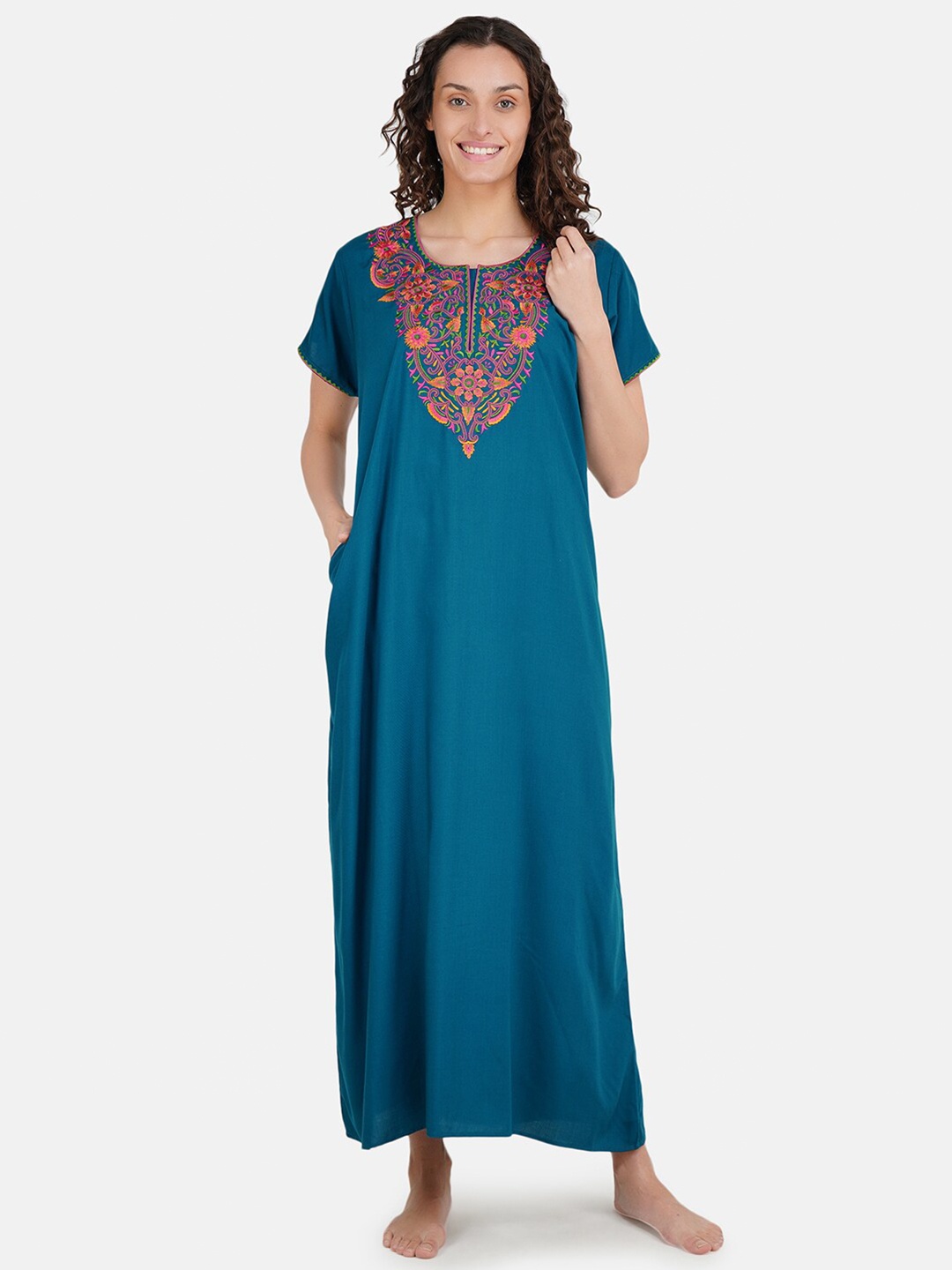 

KOI SLEEPWEAR Peacock Blue Embroidered Maxi Nightdress