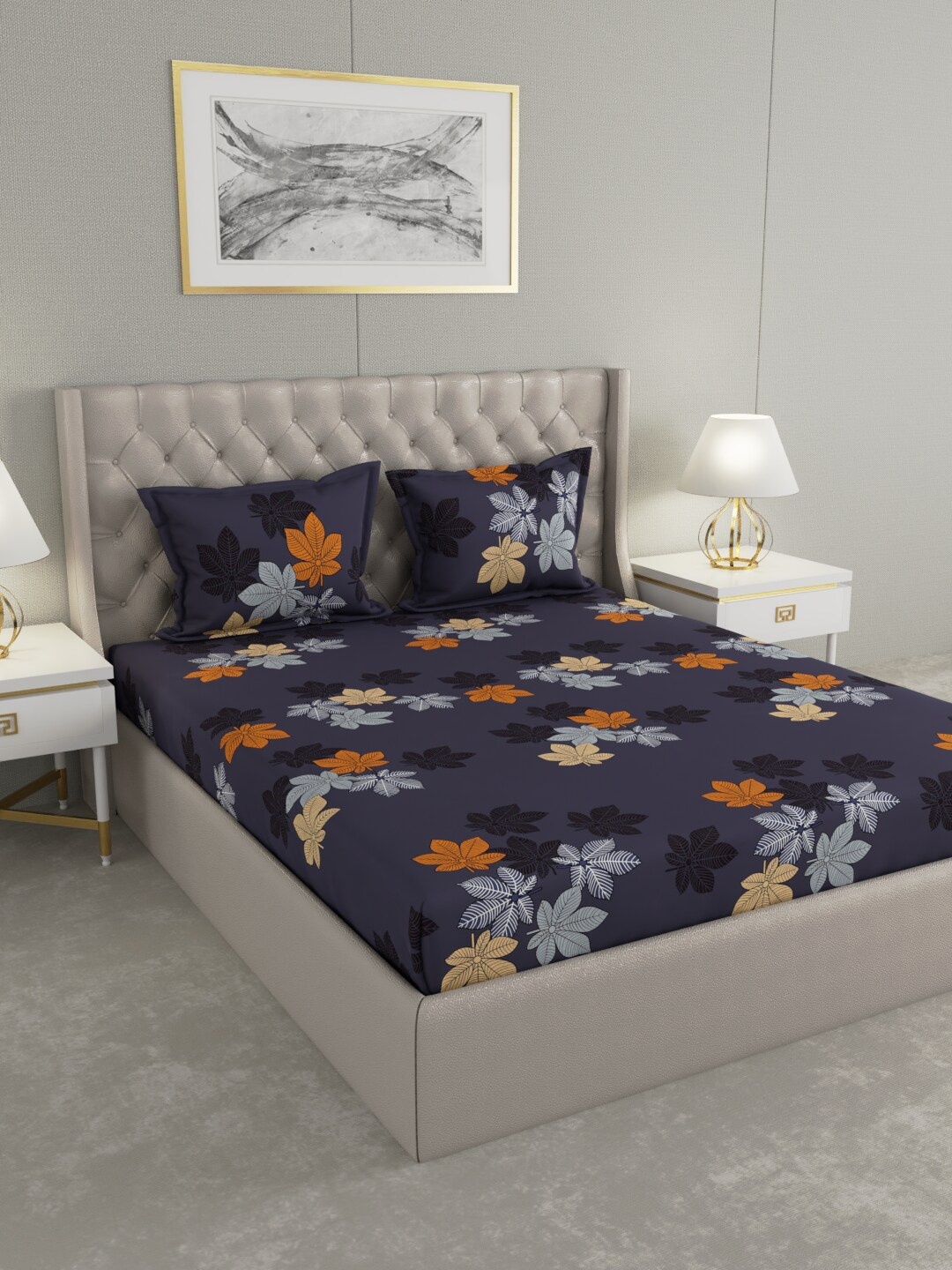 

Raymond Home Grey & Orange Floral 120 TC Queen Bedsheet with 2 Pillow Covers