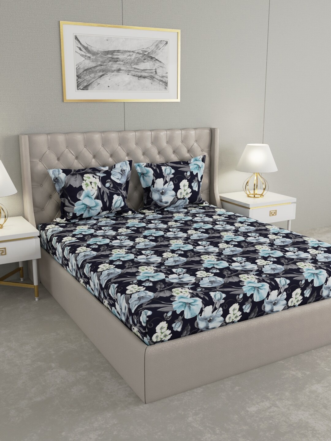 

Raymond Home Black & Blue Floral 120 TC Queen Bedsheet with 2 Pillow Covers