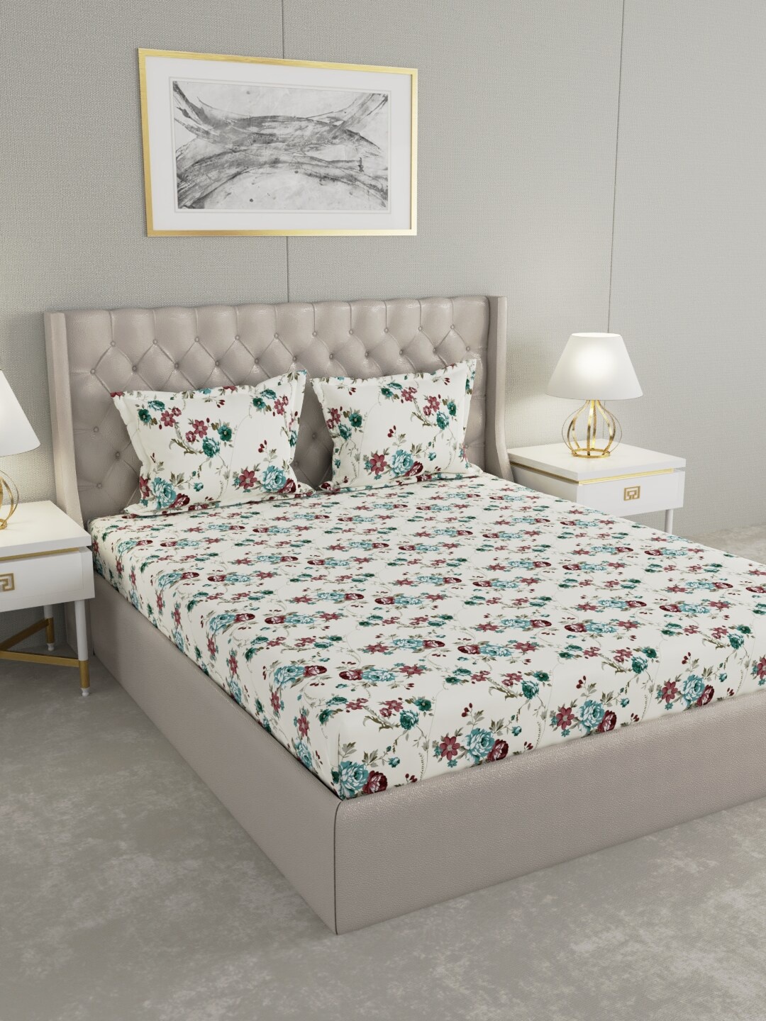 

Raymond Home White & Blue 120 TC Floral Queen Bedsheet with 2 Pillow Covers