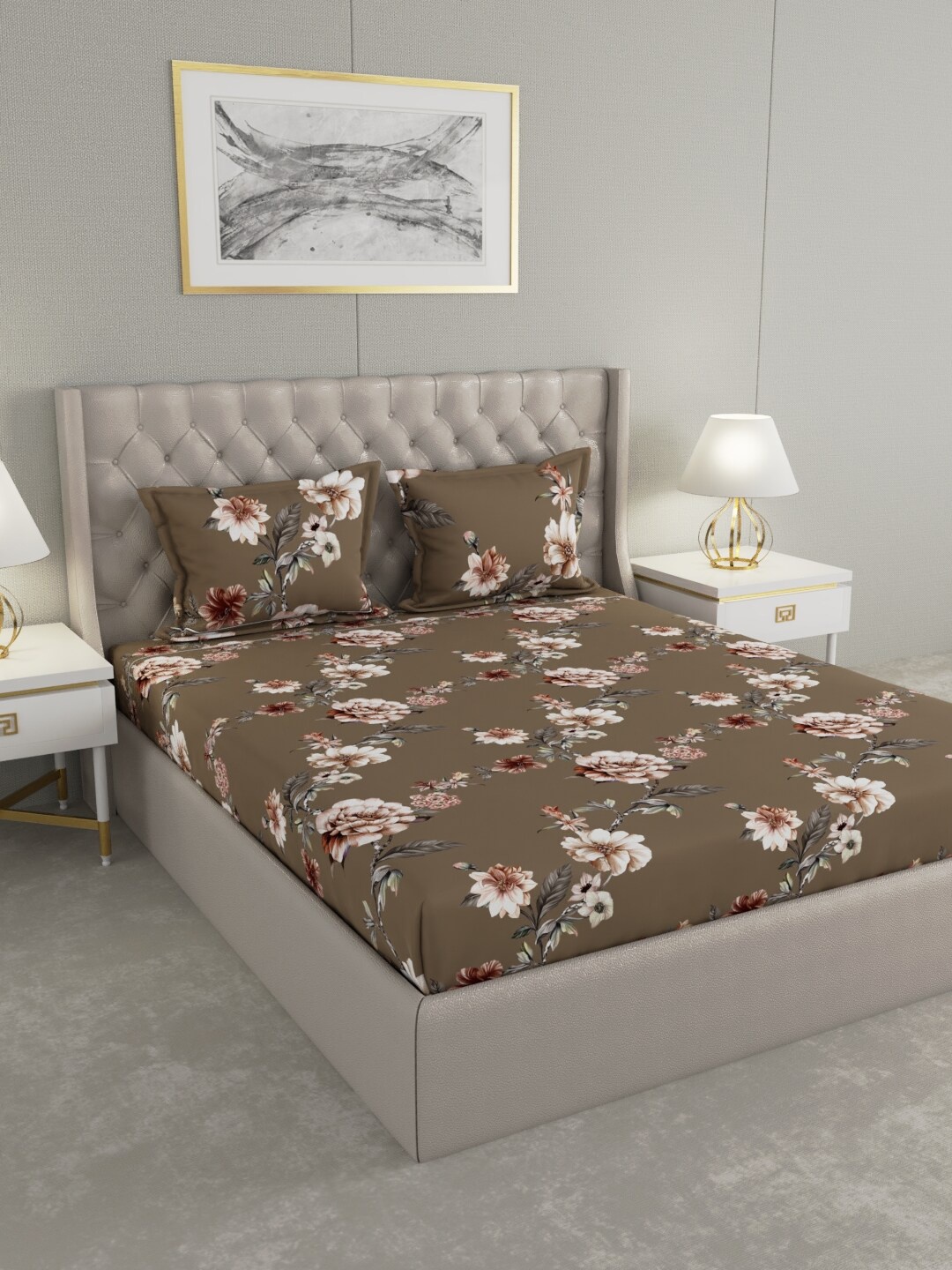 

Raymond Home Brown & White Floral 120 TC Queen Bedsheet with 2 Pillow Covers