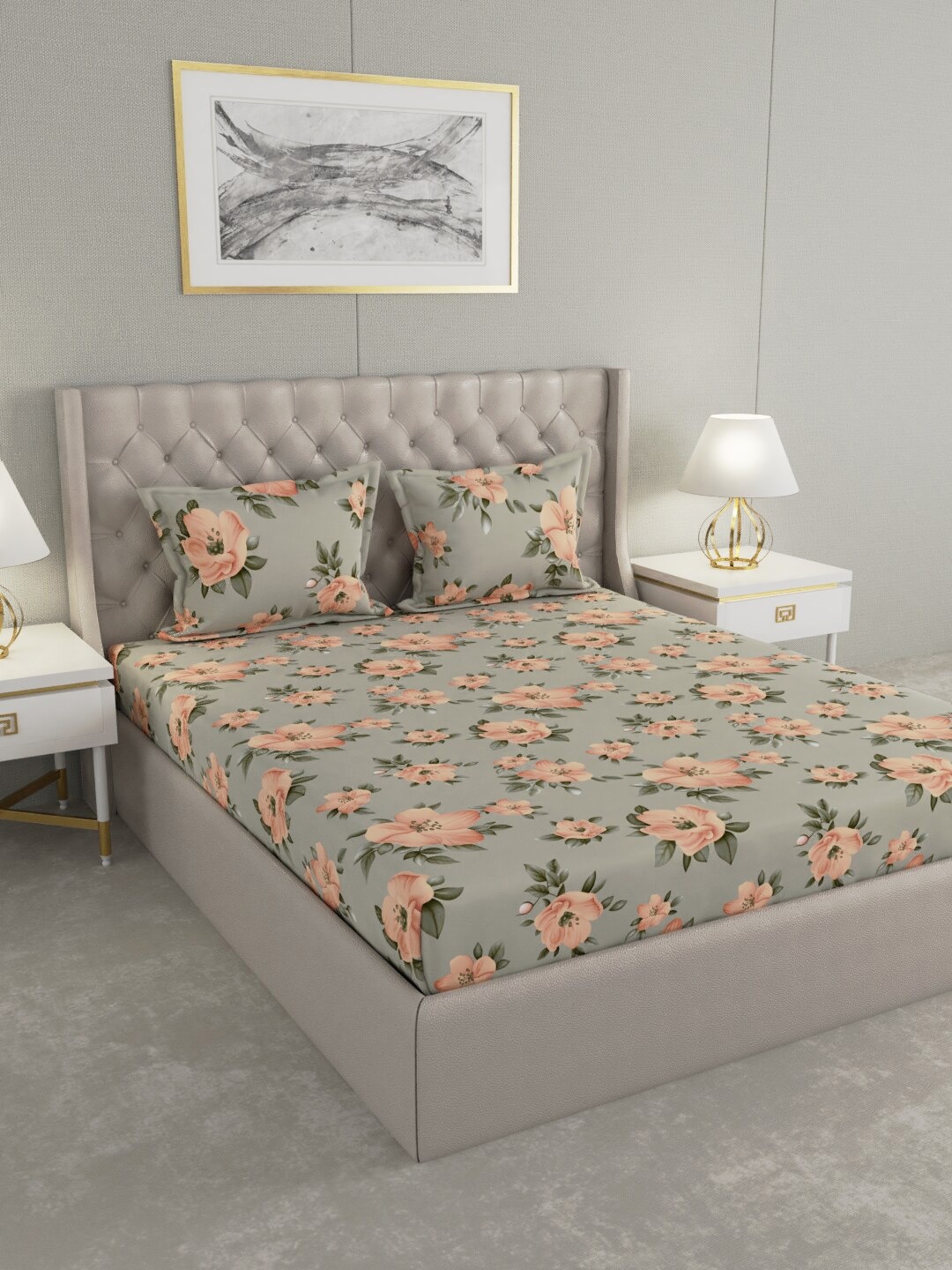 

Raymond Home Grey & Peach-Coloured Floral 120 TC Queen Microfiber Bedsheet with 2 Pillow Covers