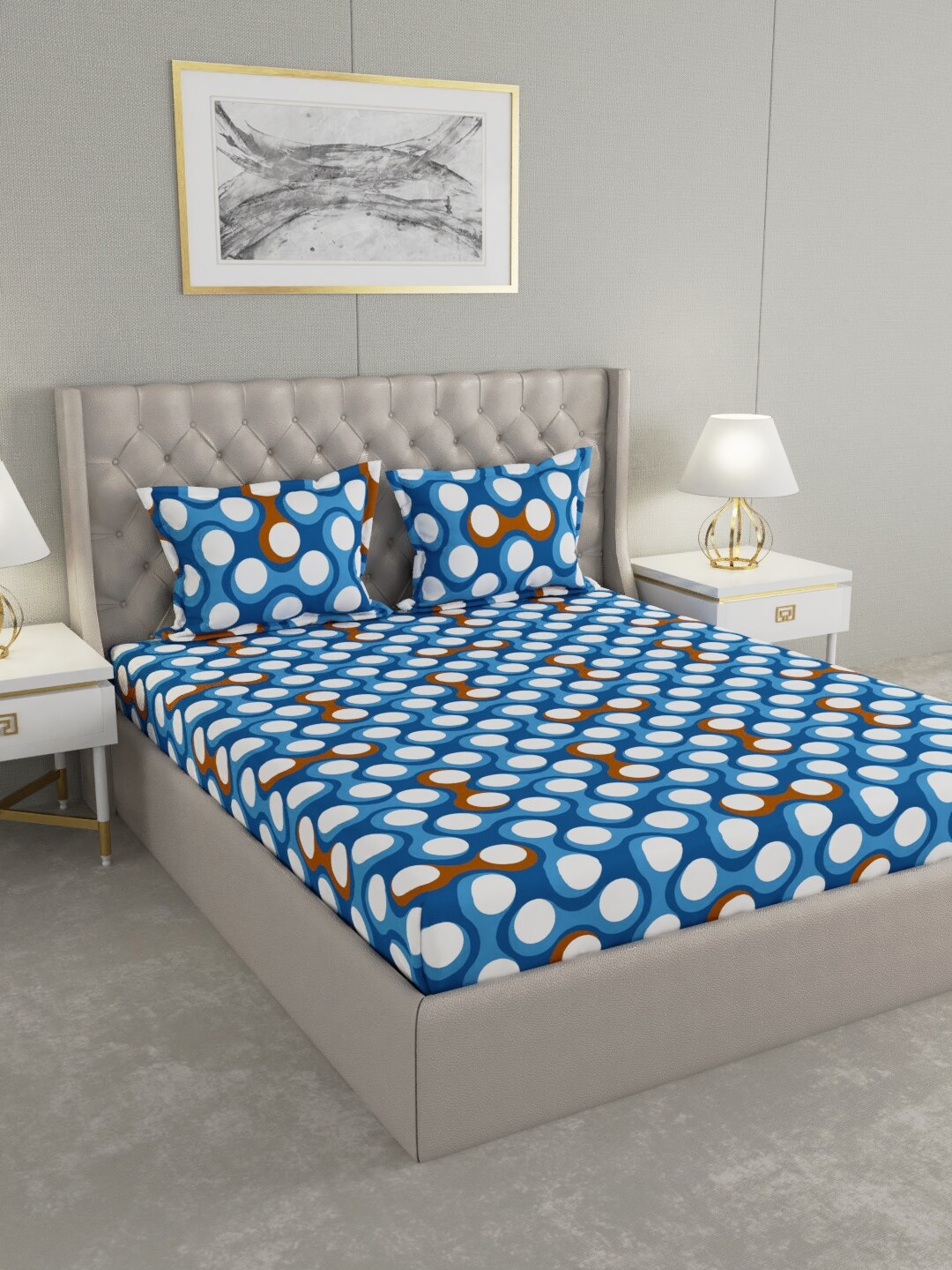 

Raymond Home Blue & White Geometric 120 TC Queen Bedsheet with 2 Pillow Covers