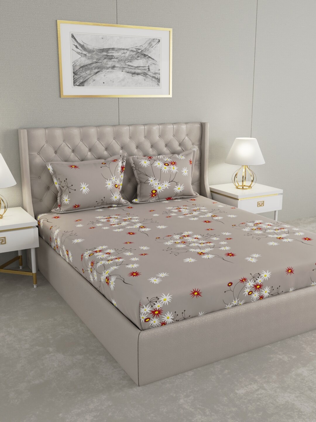 

Raymond Home Grey & White Floral 120 TC Queen Bedsheet with 2 Pillow Covers