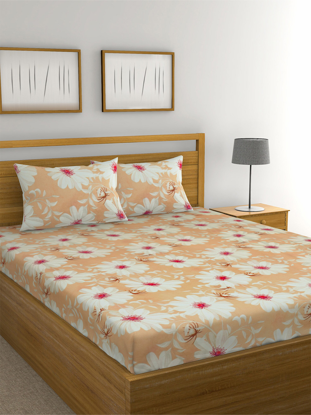 

Raymond Home Brown & White Floral 104 TC Cotton Queen Bedsheet with 2 Pillow Covers