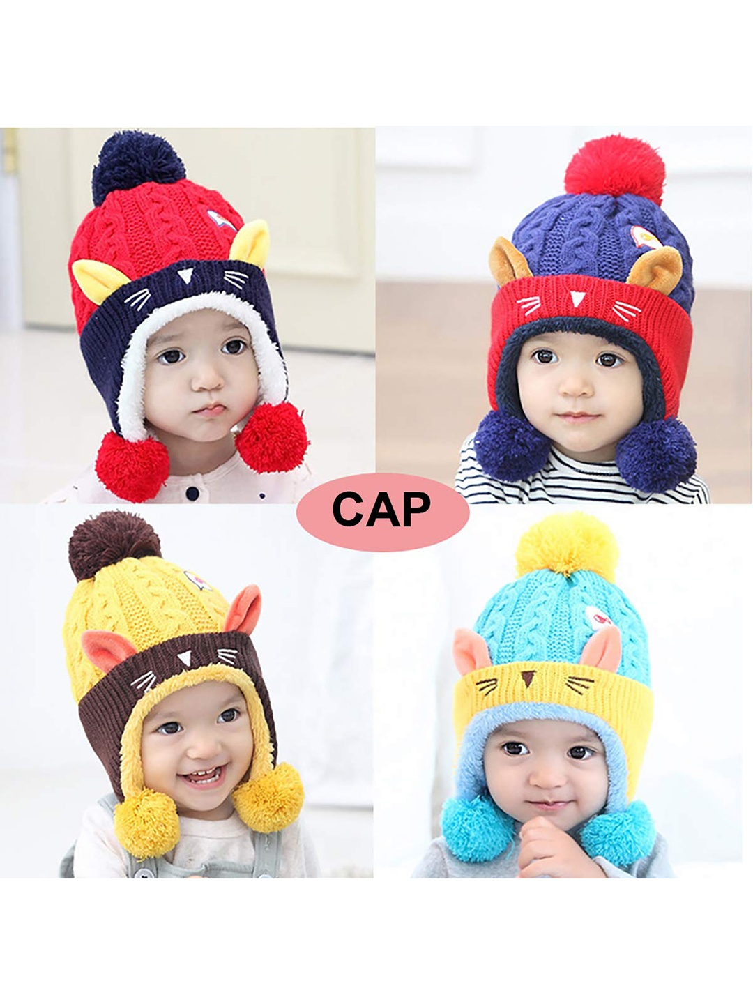 

SYGA Unisex Kids Pink & Blue Colourblocked Knitted Pompom Beanie