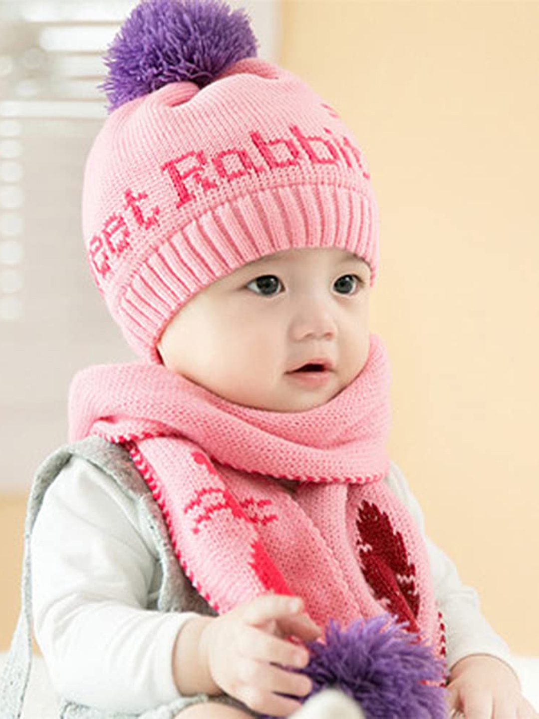 

SYGA Kids Self Design Knitted Beanie With Scarf, Pink