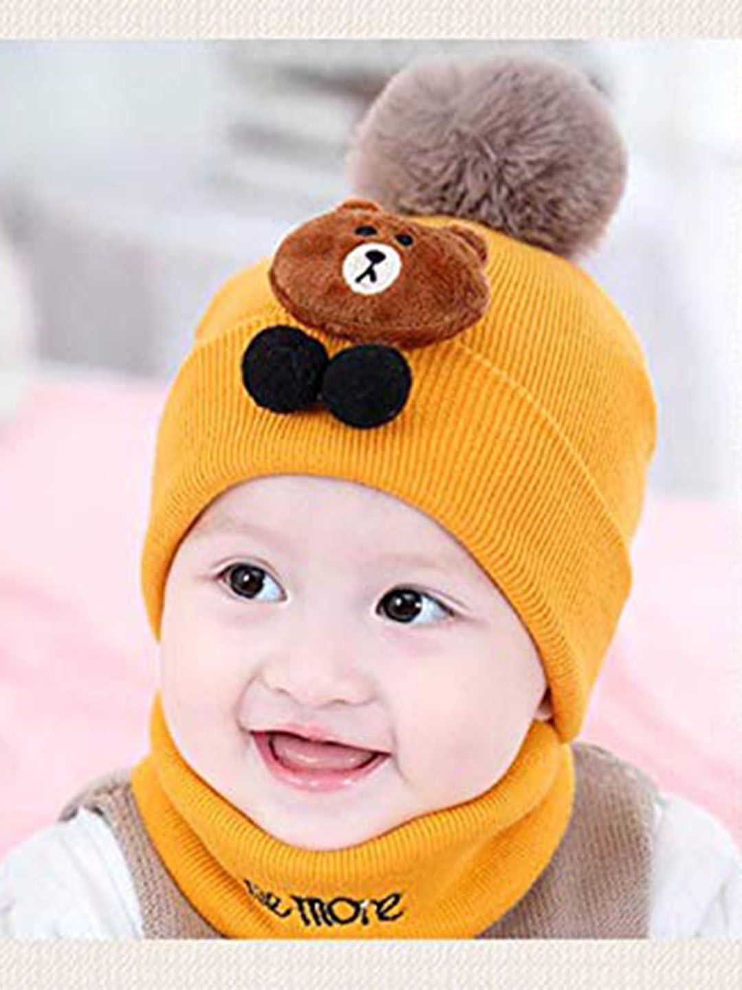 

SYGA Kids Yellow Knitted Cotton Wool Pom Pom Beanie