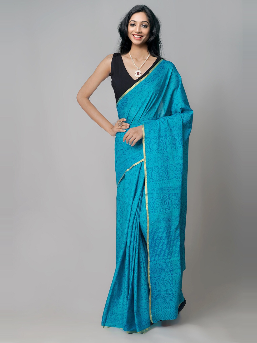 

Unnati Silks Blue & Gold-Toned Bagh Zari Pure Cotton Venkatgiri Saree