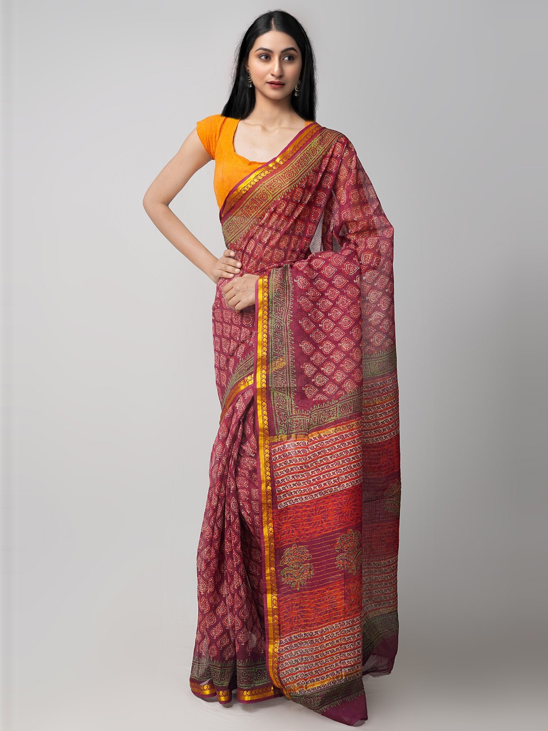 

Unnati Silks Purple & Red Ethnic Motifs Printed Pure Cotton Kota Saree