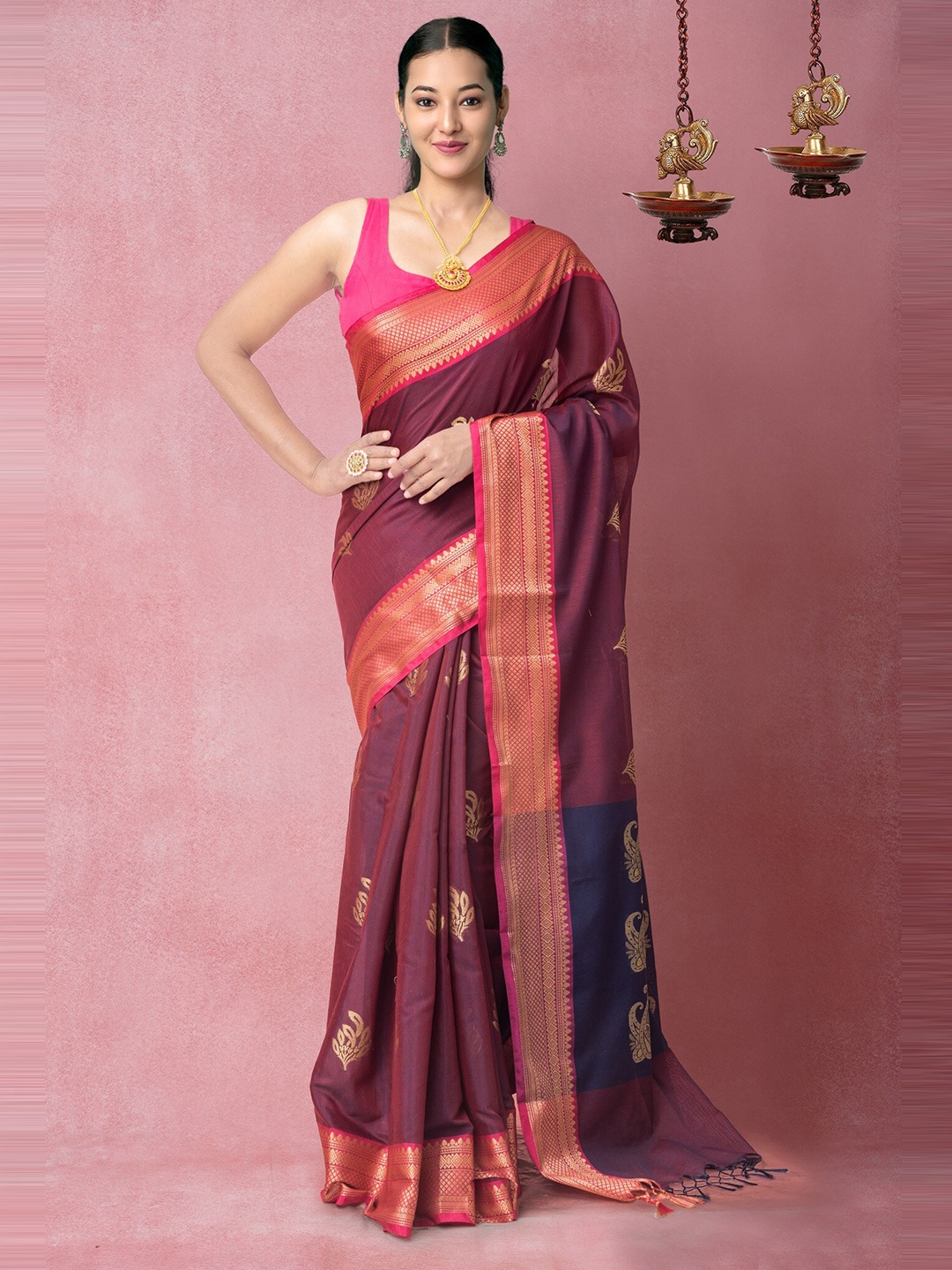 

Unnati Silks Maroon & Blue Woven Design Silk Cotton Chanderi Saree