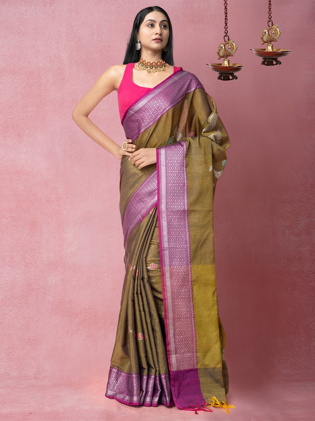 

Unnati Silks Green & Pink Woven Design Zari Silk Cotton Chanderi Saree