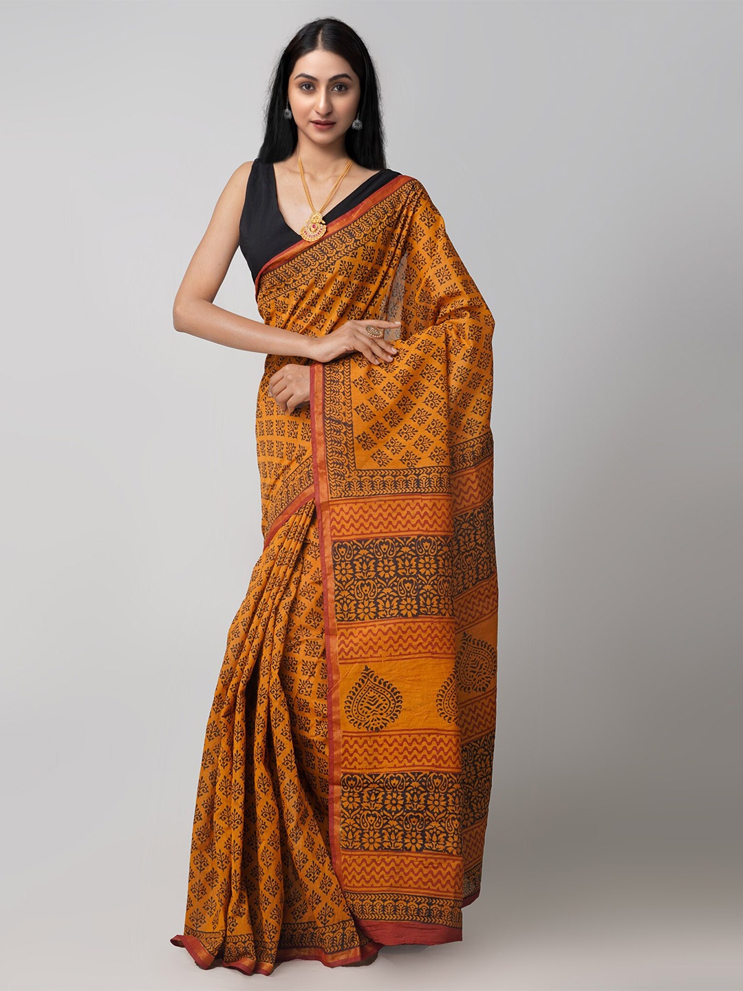 

Unnati Silks Rust Orange & Black Bagh Zari Silk Cotton Chanderi Saree