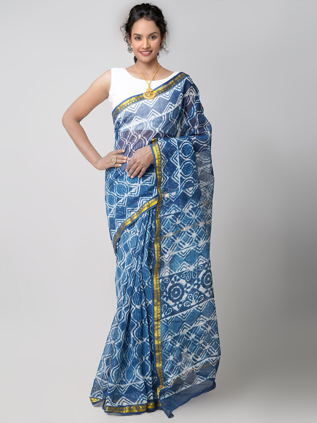 

Unnati Silks Blue & White Ethnic Motifs Zari Pure Cotton Kota Saree
