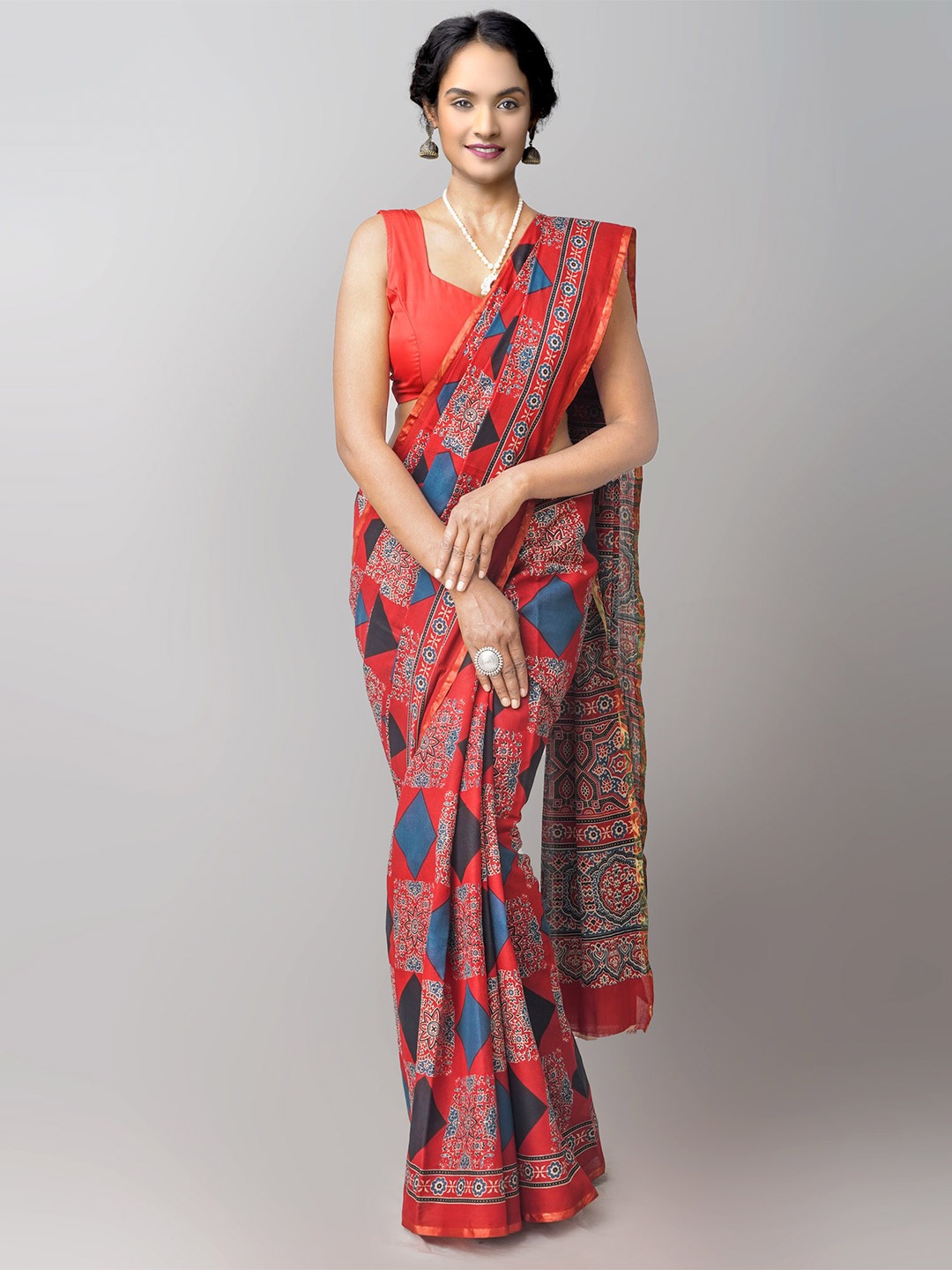 

Unnati Silks Red & Blue Zari Pure Cotton Block Print Saree