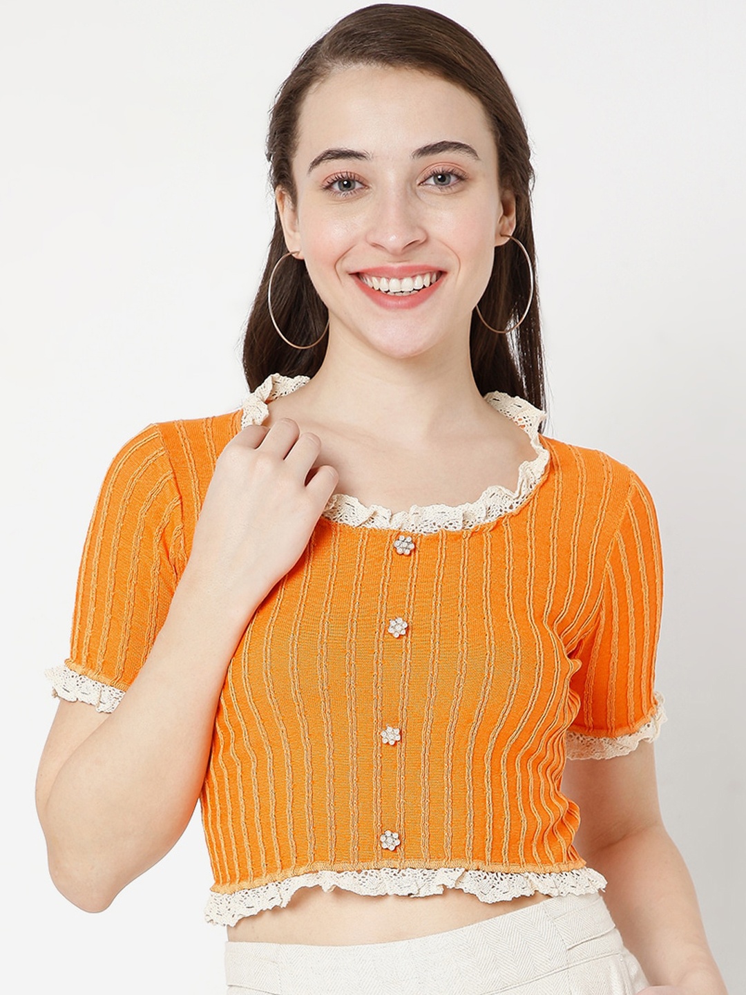 

SALWAR STUDIO Women Orange & Off-White Embroidered Blouse