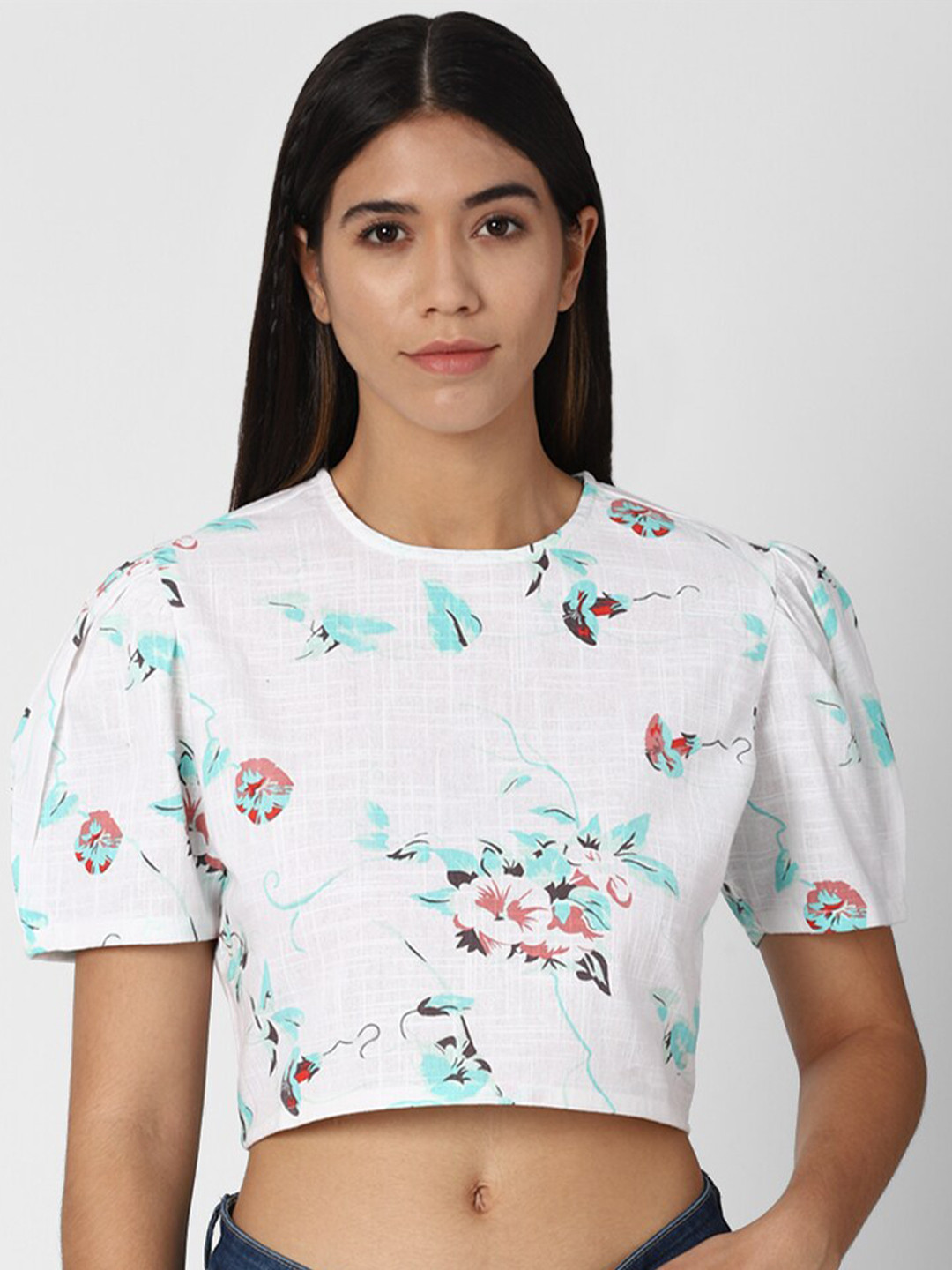 

FOREVER 21 White Floral Print Pure Cotton Crop Top