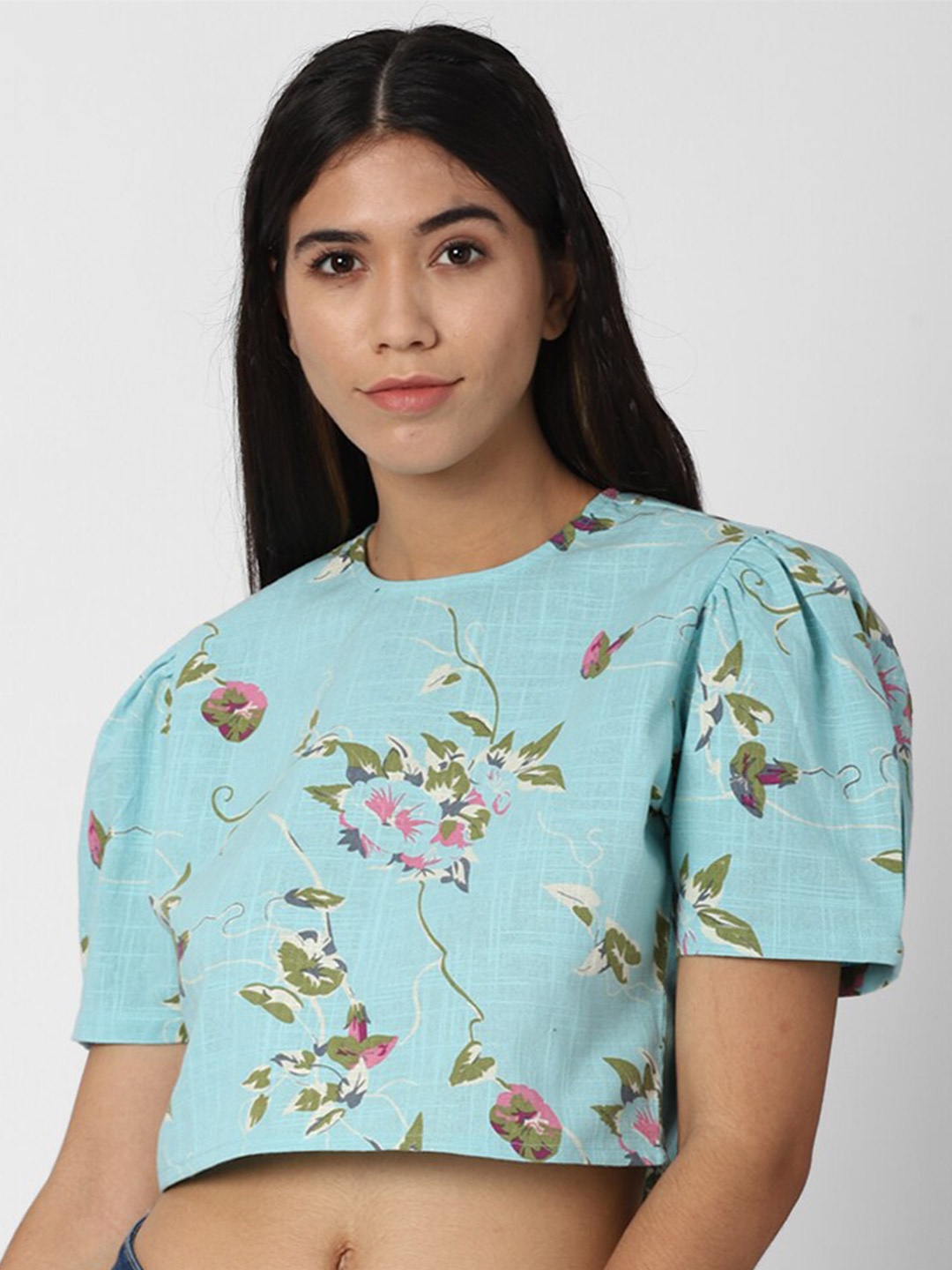 

FOREVER 21 Blue Floral Print Puff Sleeves Pure Cotton Regular Crop Top