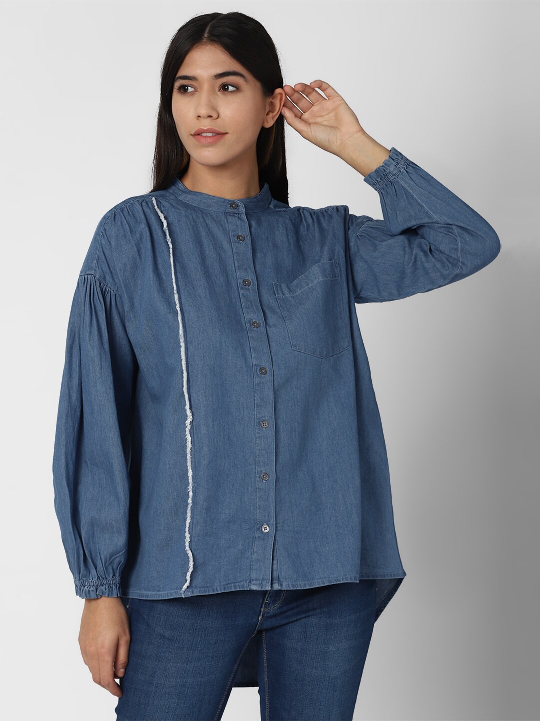 

FOREVER 21 Blue Mandarin Collar Shirt Style Top