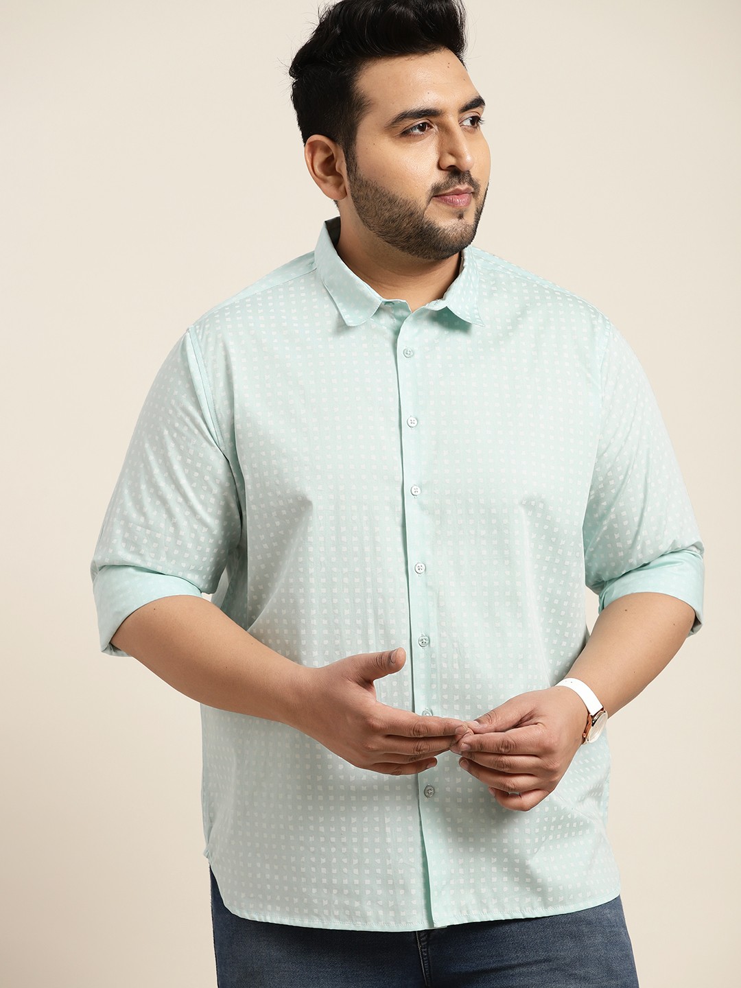 

Sztori Men Plus Size Sea Green & White Printed Pure Cotton Casual Shirt