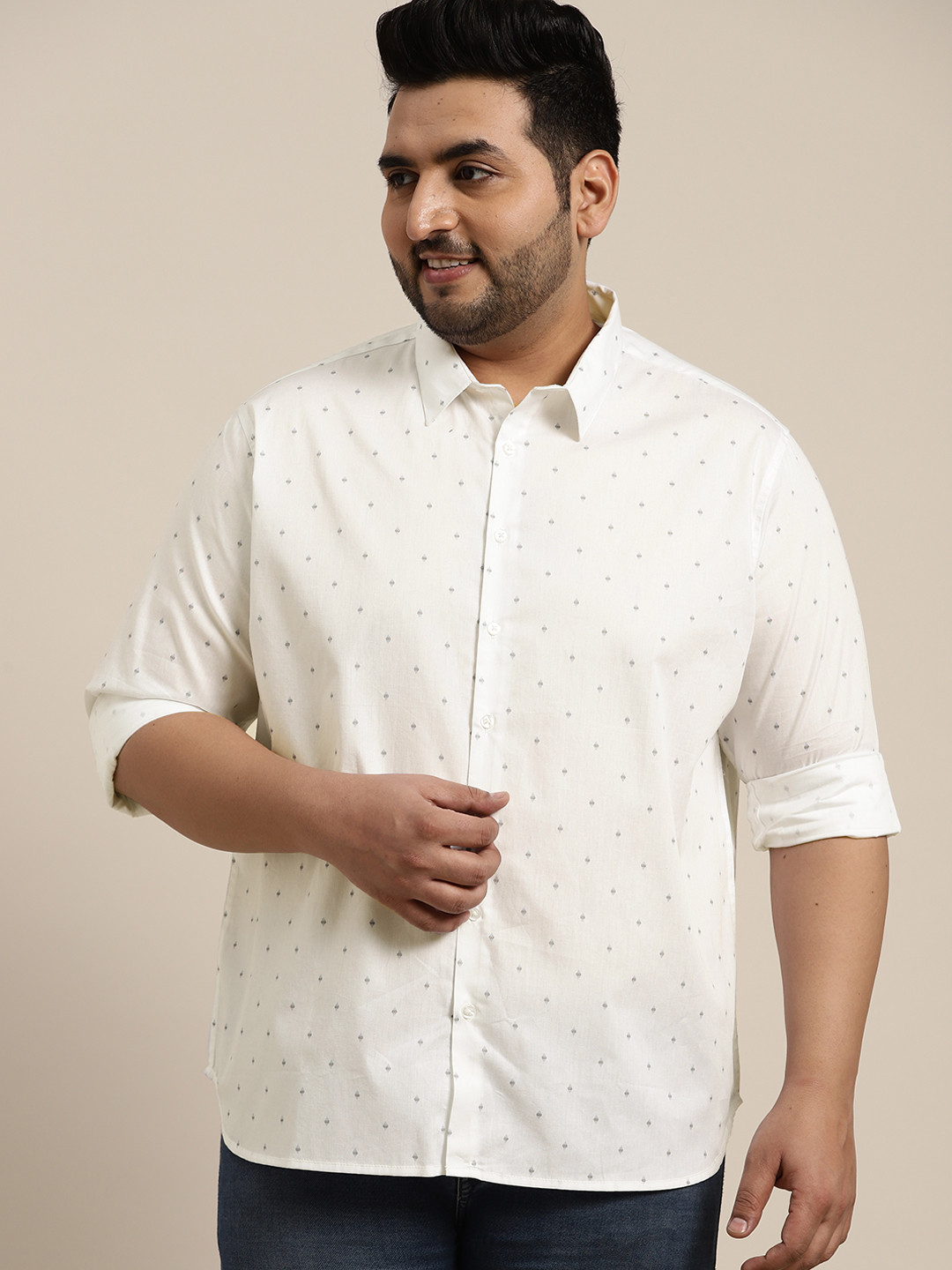 

Sztori Men Plus Size White Printed Pure Cotton Casual Shirt