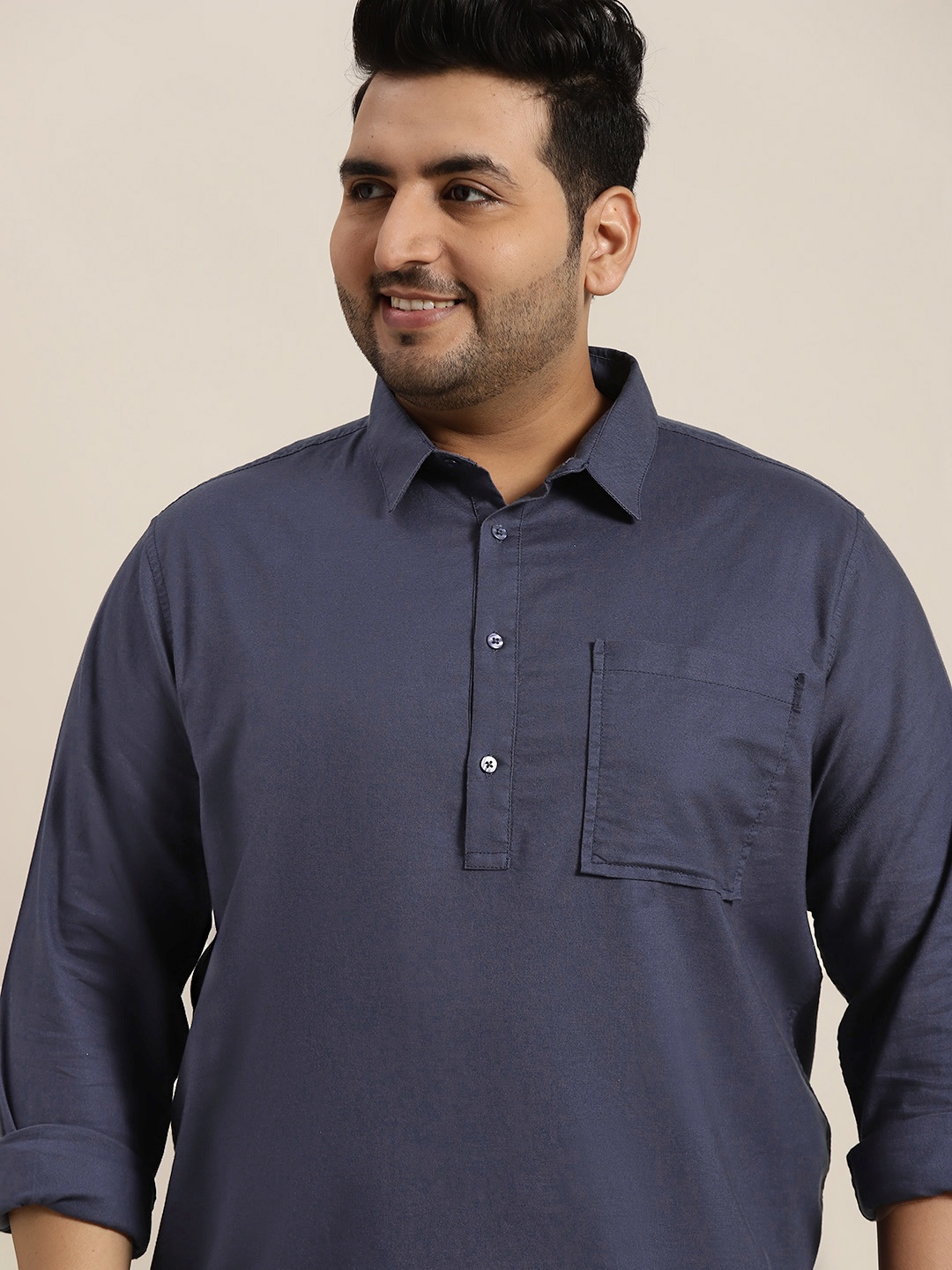 

Sztori Men Plus Size Navy Blue Solid Pure Cotton Casual Shirt