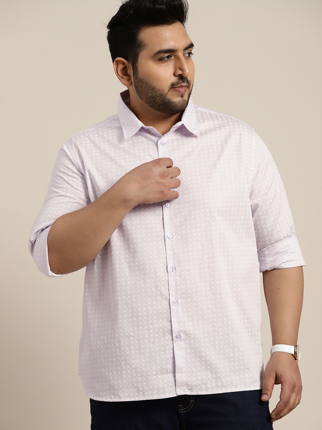 

Sztori Men Plus Size Lavender & Off White Printed Pure Cotton Casual Shirt