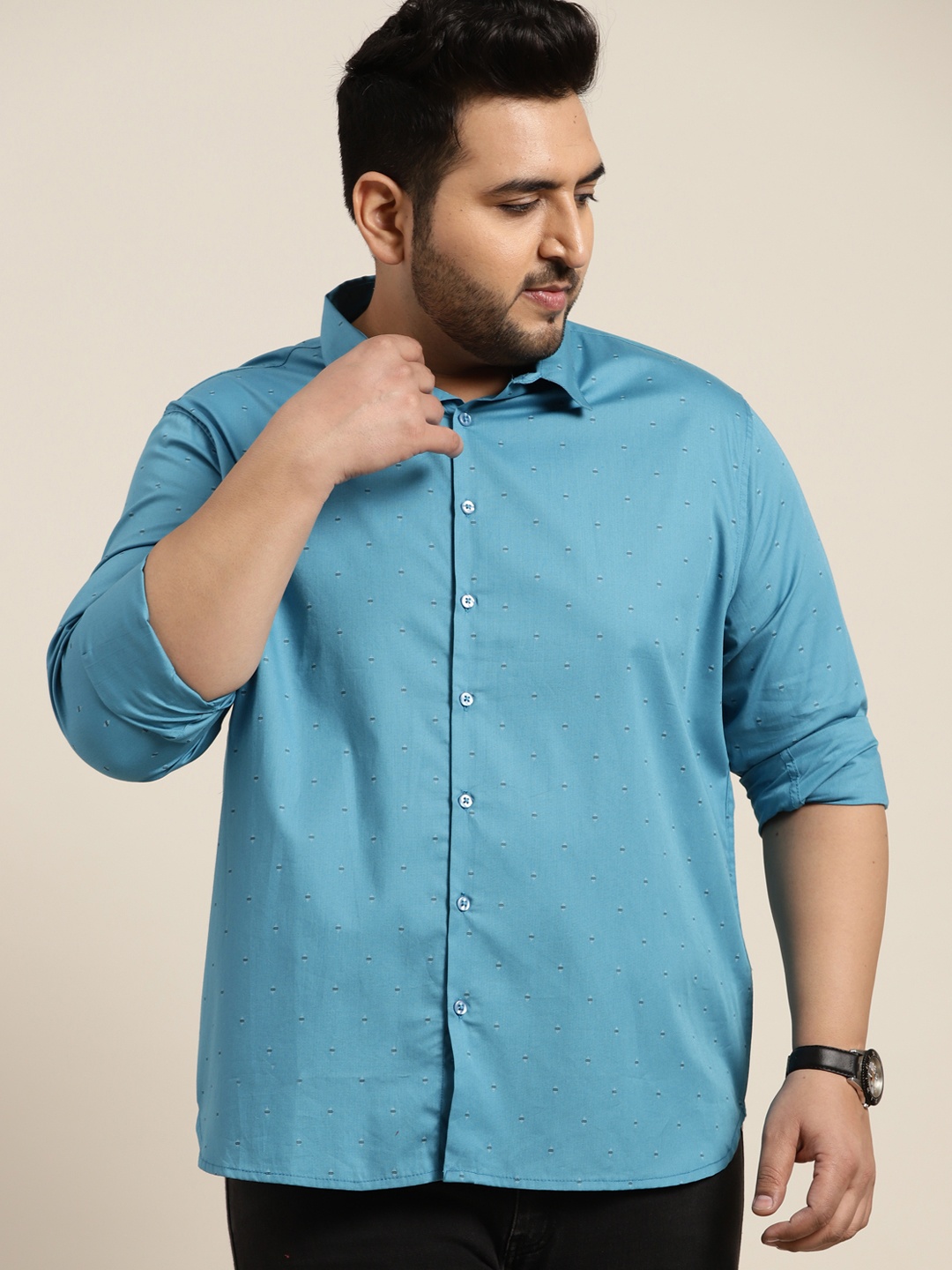 

Sztori Men Plus Size Blue Printed Pure Cotton Casual Shirt