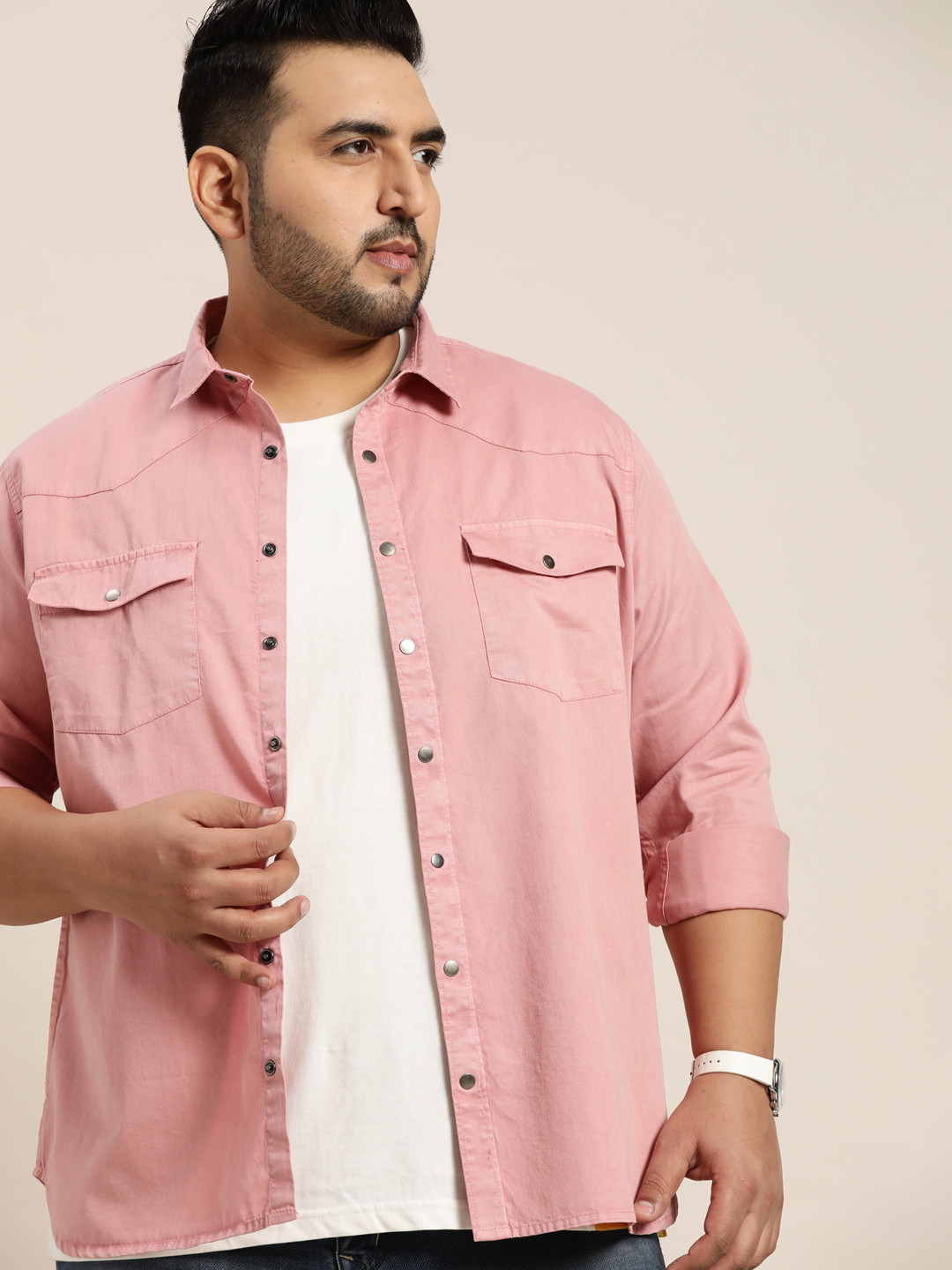 

Sztori Men Plus Size Dusty Pink Solid Oversized Pure Cotton Woven Casual Shirt, Rose
