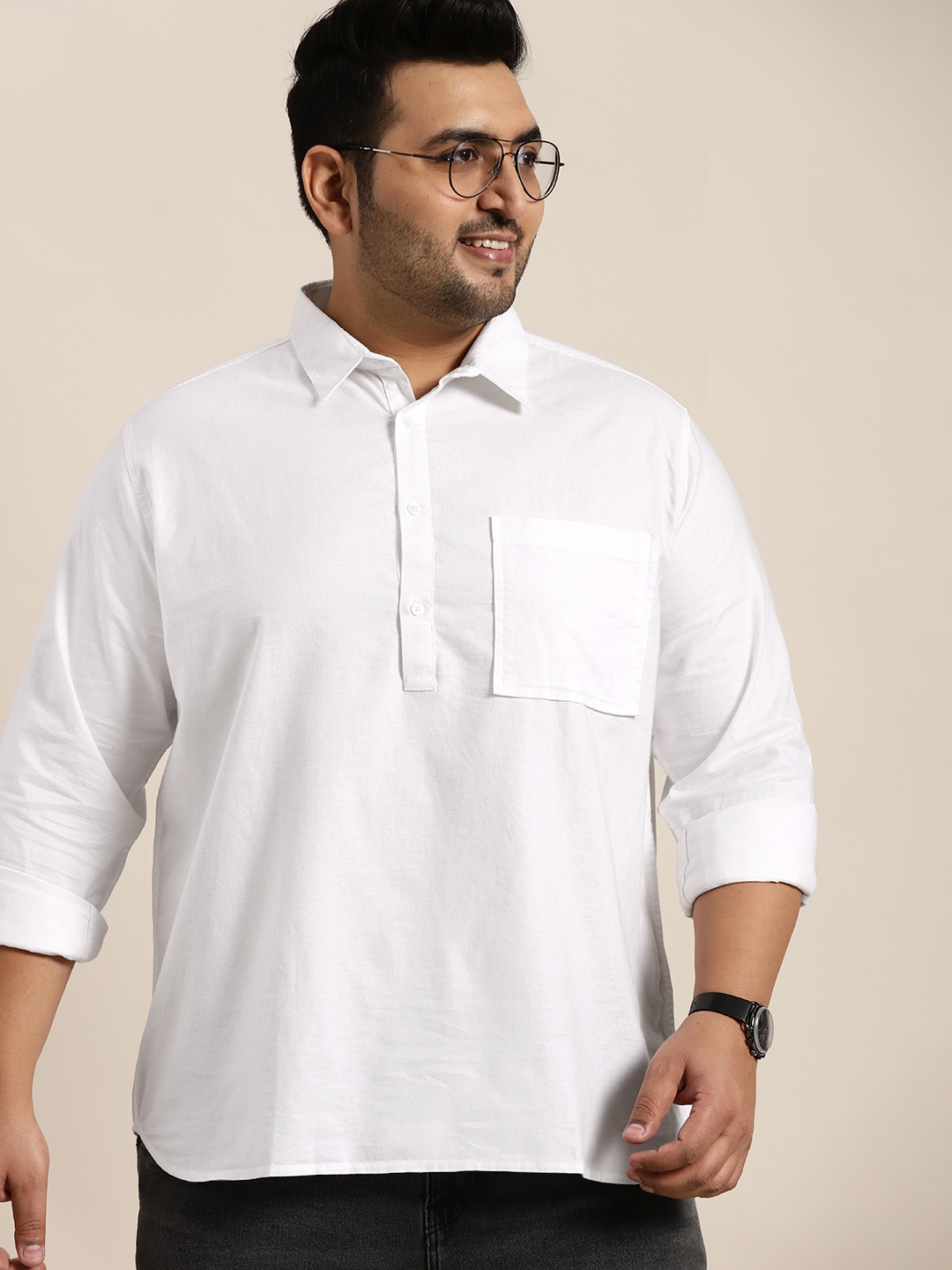 

Sztori Men Plus Size White Solid Pure Cotton Casual Shirt