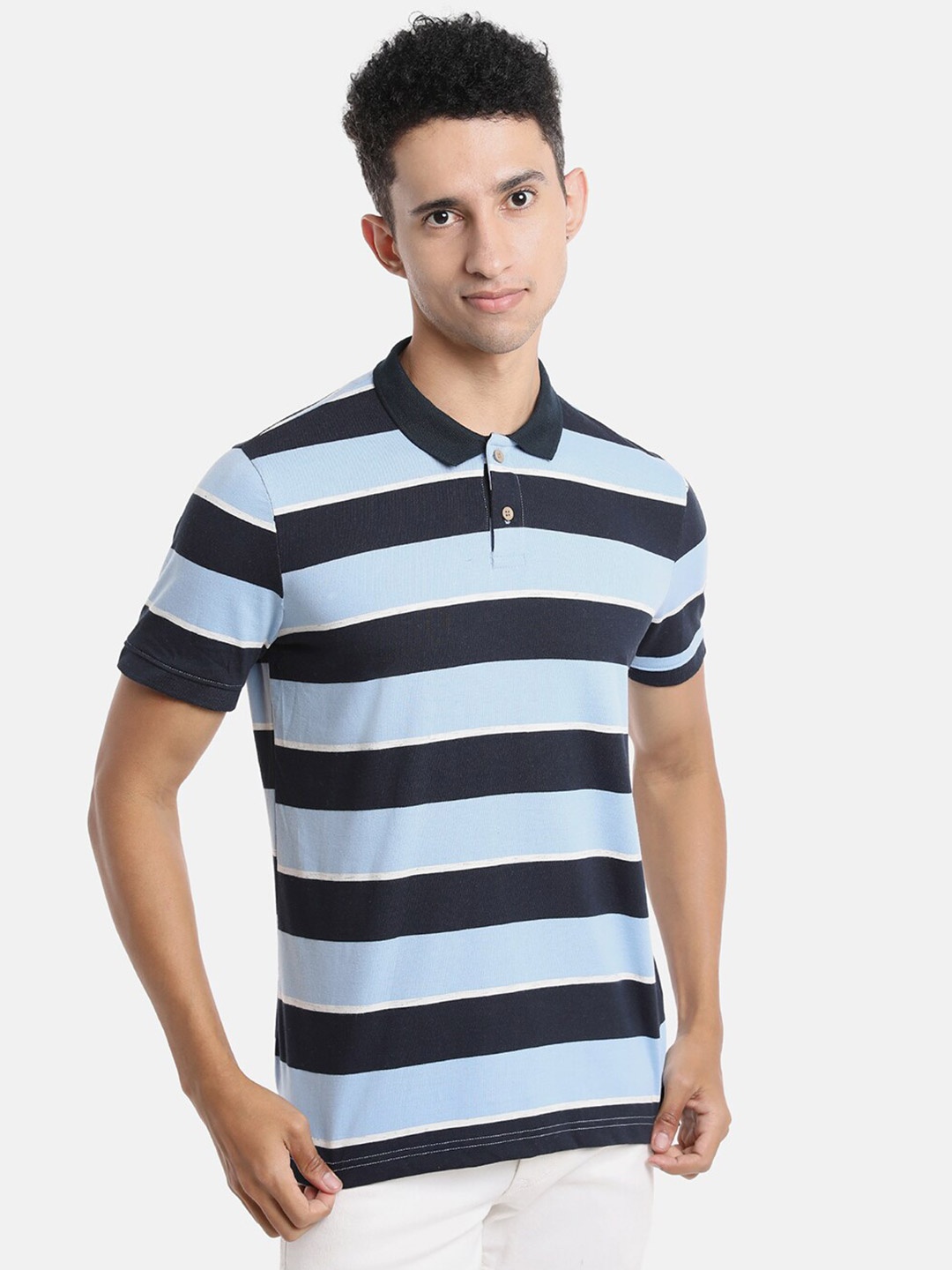 

Campus Sutra Men Blue Striped Polo Collar T-shirt