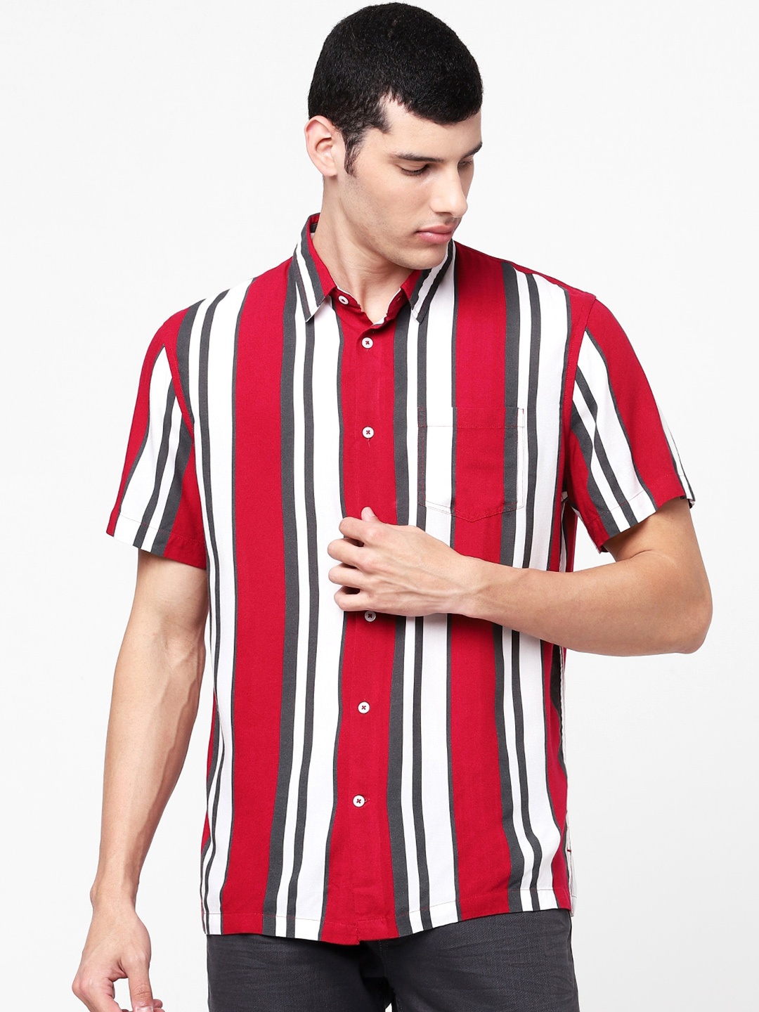 

Celio Men Red Striped Regular Fit Casual Shirt