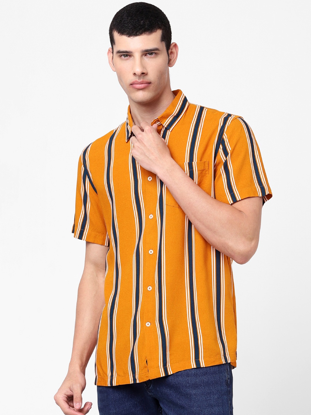 

Celio Men Mustard Striped Regular Fit Casual Shirt